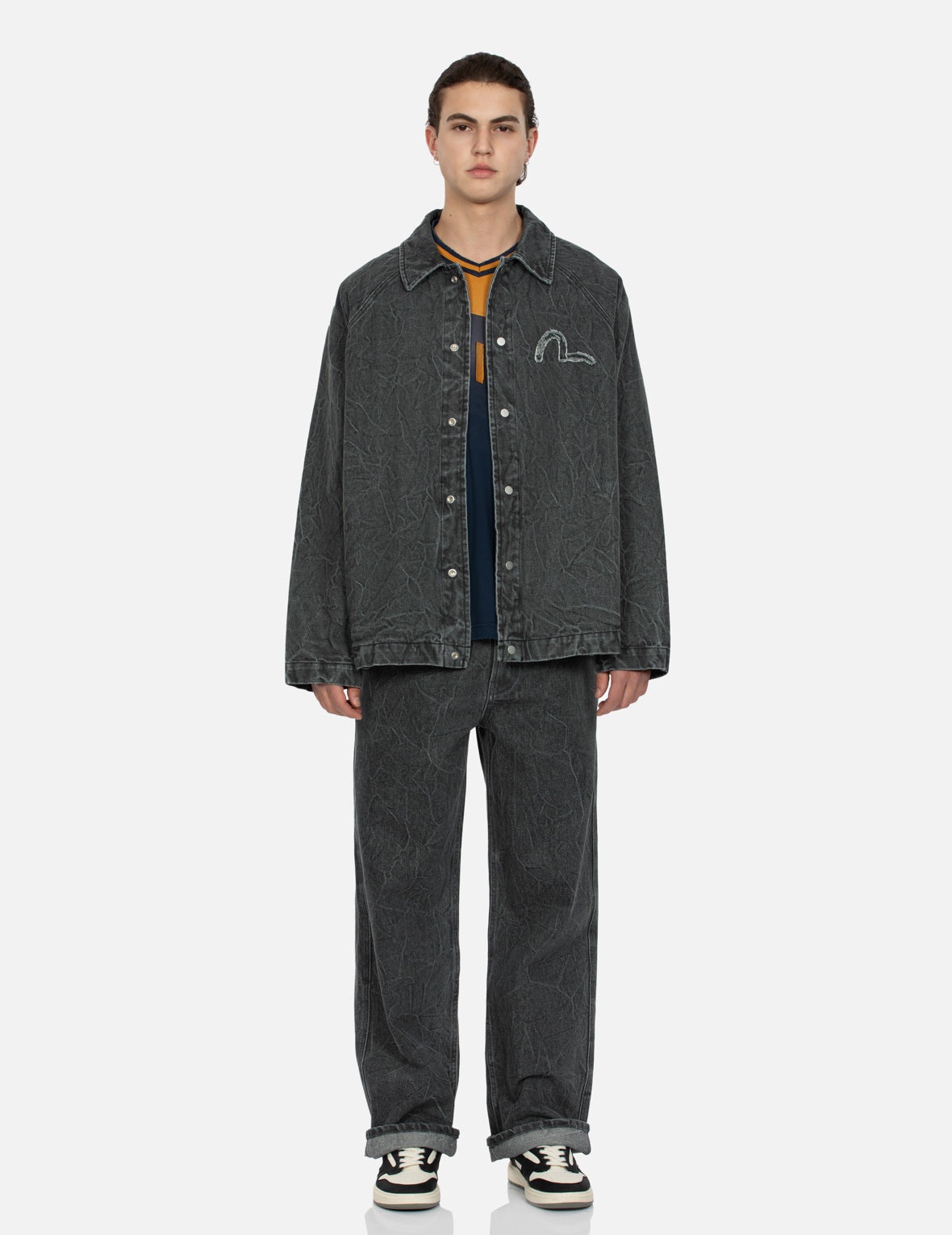 SEAGULL AND SLOGAN EMBROIDERY OVERSIZED  DENIM COACH JACKET - 5