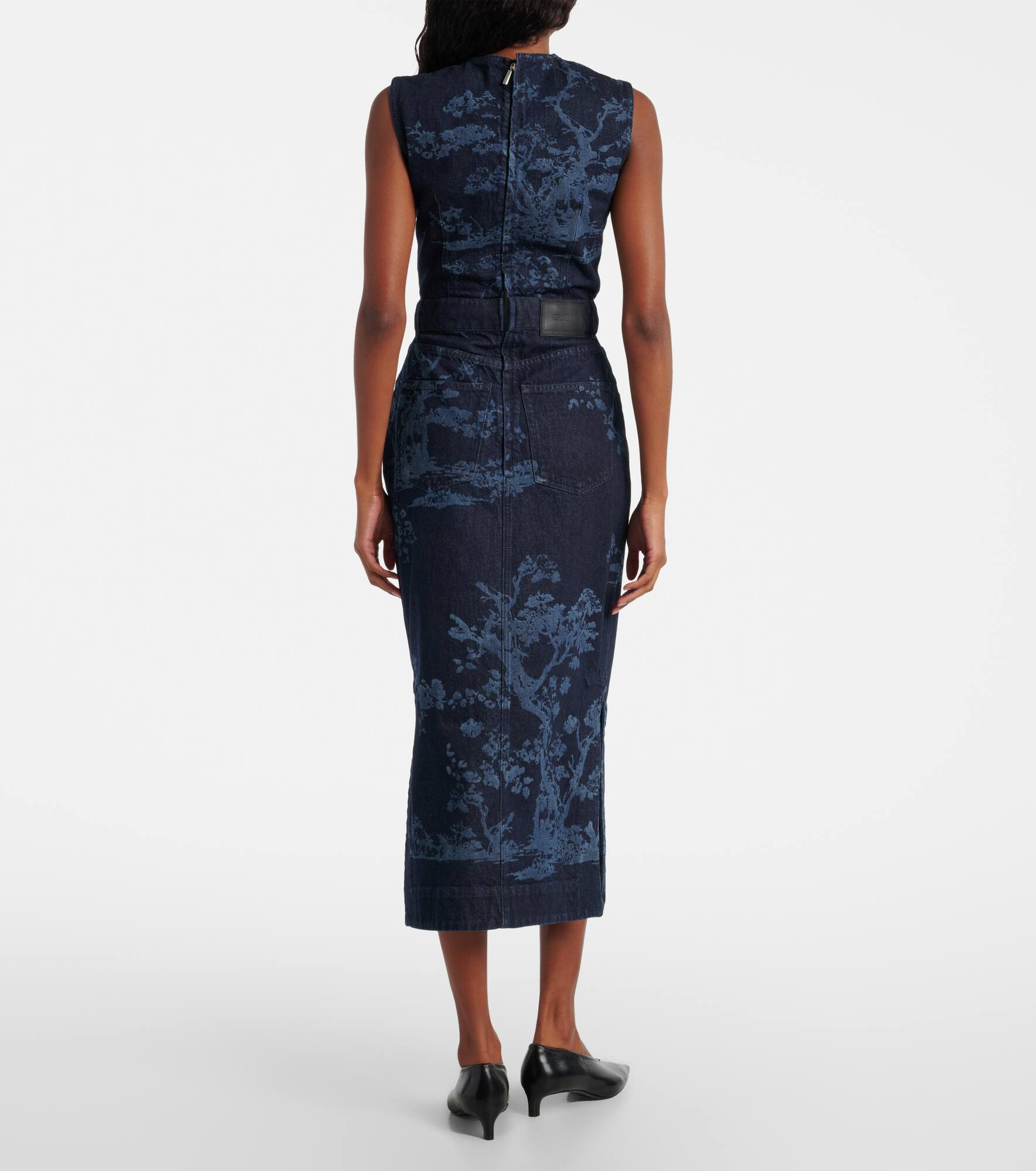 Embroidered cotton denim pencil dress - 3