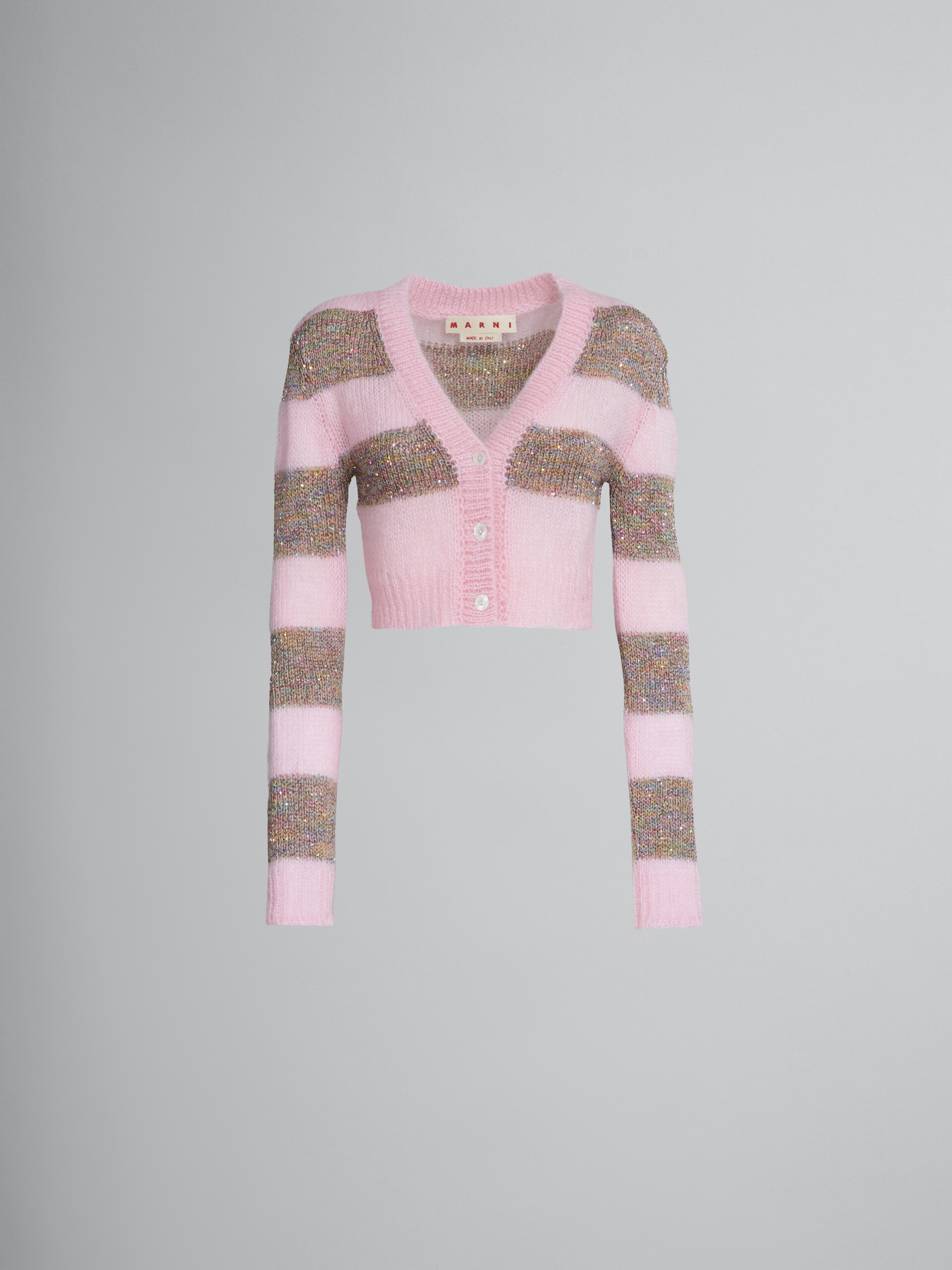SHORT CARDIGAN IN PINK STRIPED MOHAIR AND WOOL - 1