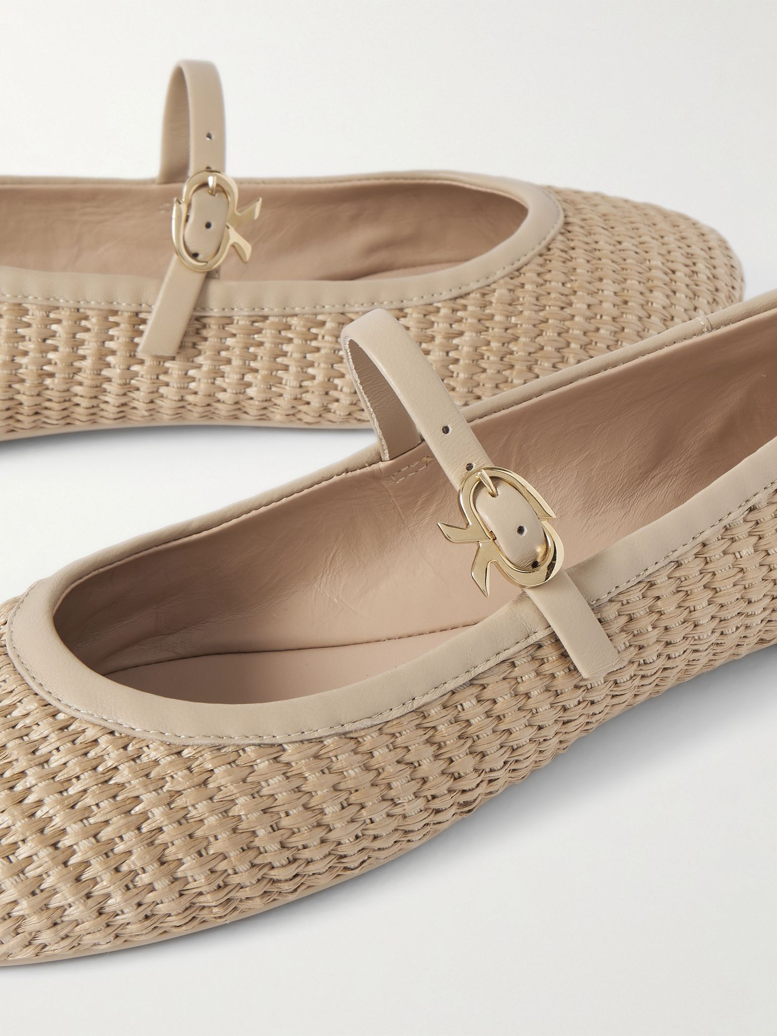 Carla leather-trimmed raffia Mary Jane ballet flats Neutral - 4