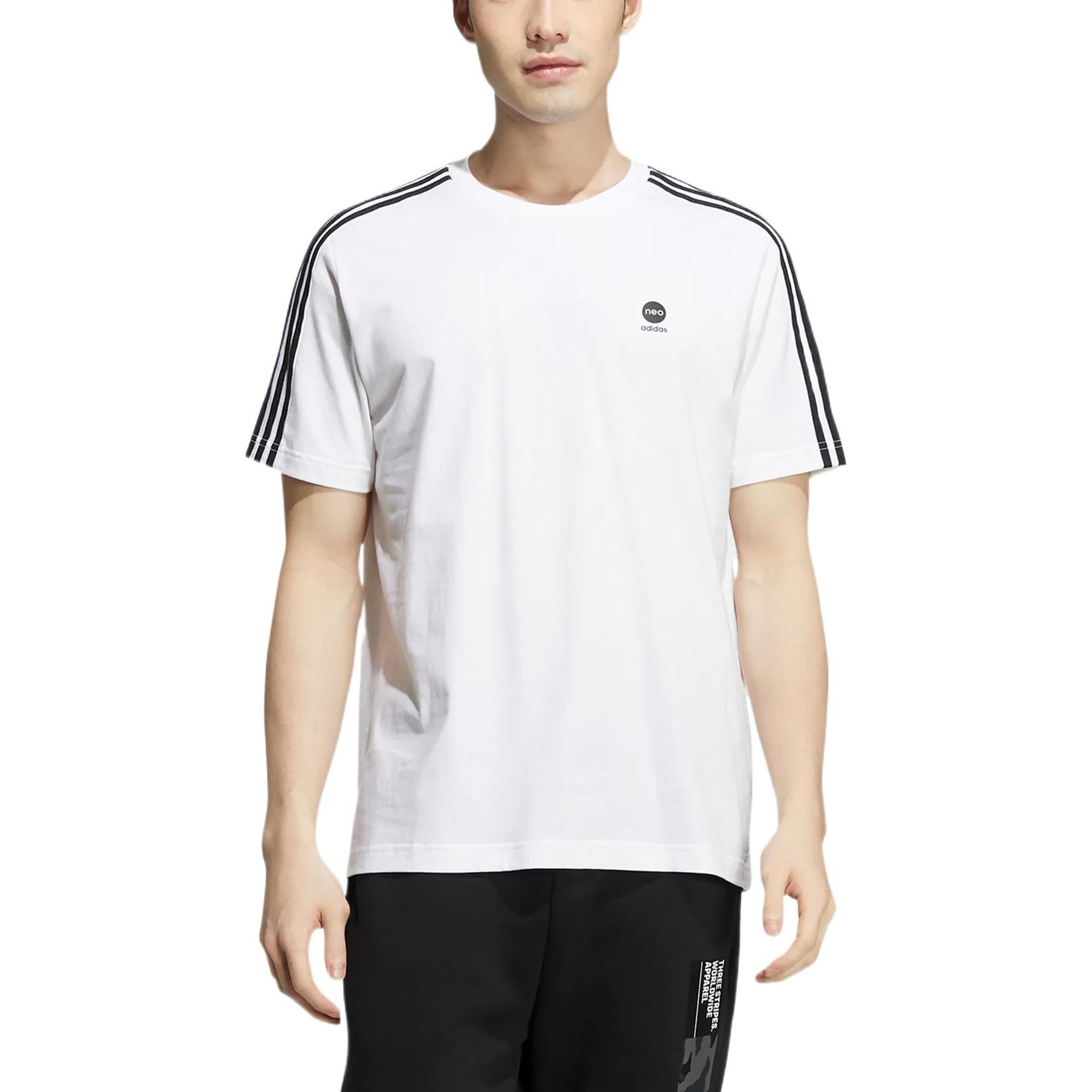 Men's adidas neo Contrasting Colors Stripe Athleisure Casual Sports Short Sleeve White T-Shirt HD466 - 2