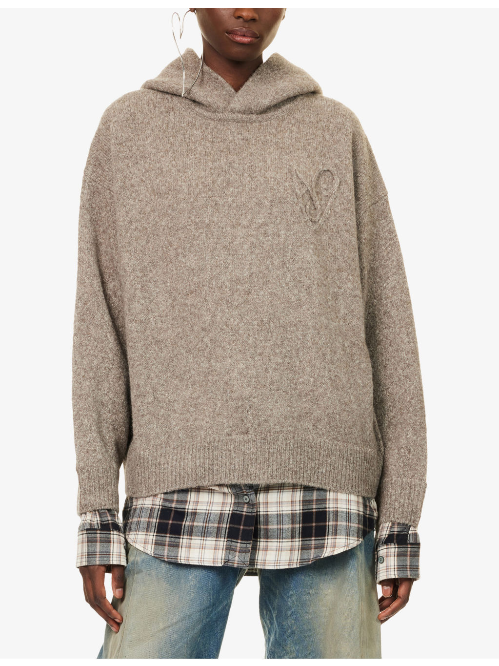 Contrast-Check-Print Relaxed-Fit Wool-Blend Hoodie - 3