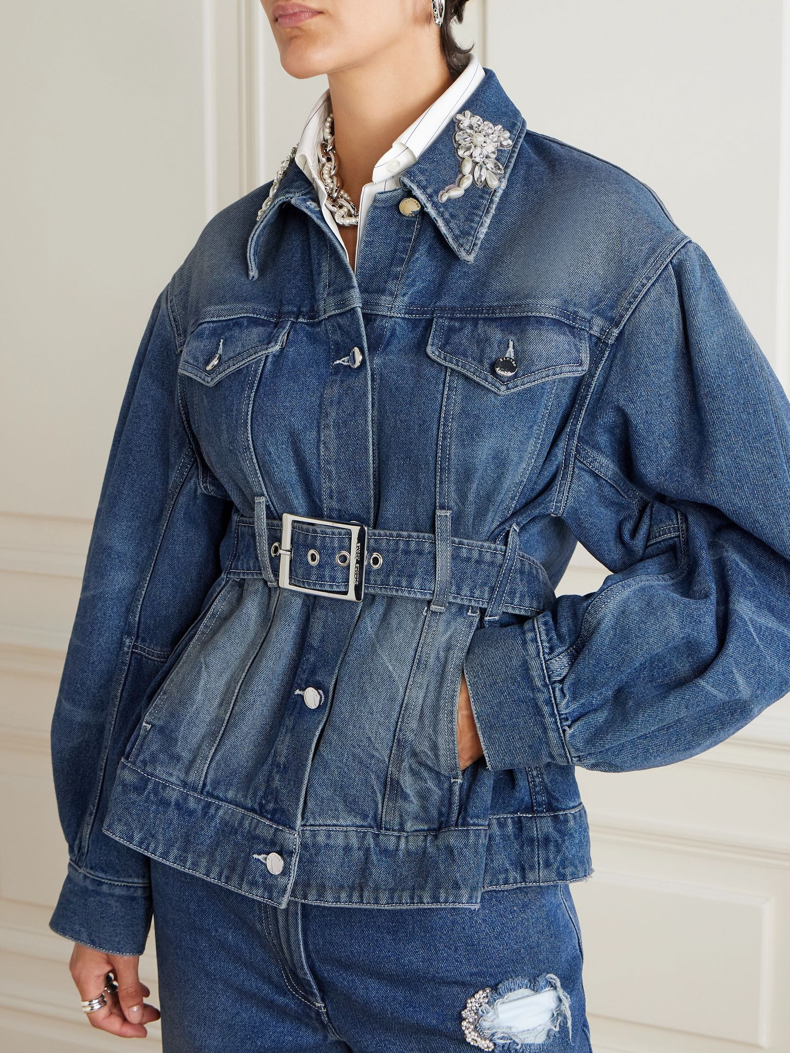 Belted embellished denim jacket Mid denim - 3