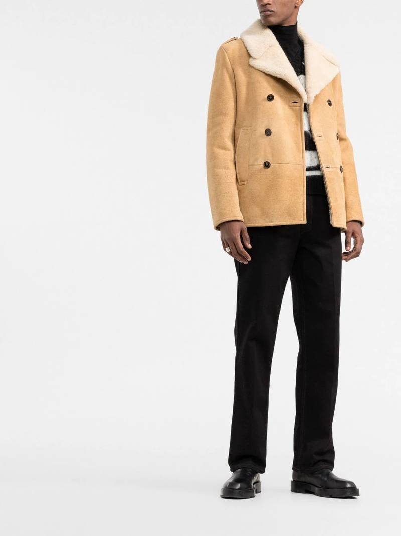 SAINT LAURENT double-breasted shearling pea coat outlook