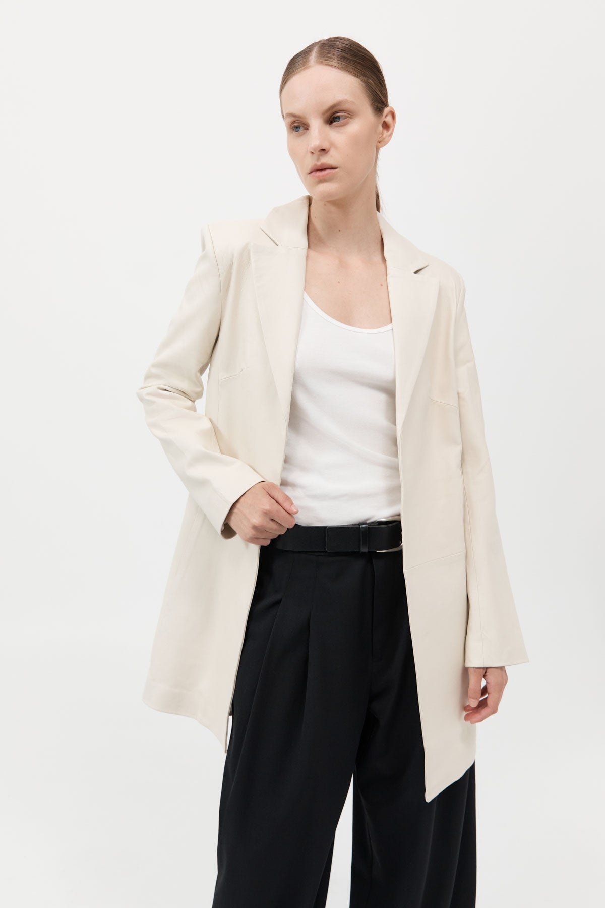 Leather Longline Jacket - Tofu - 3