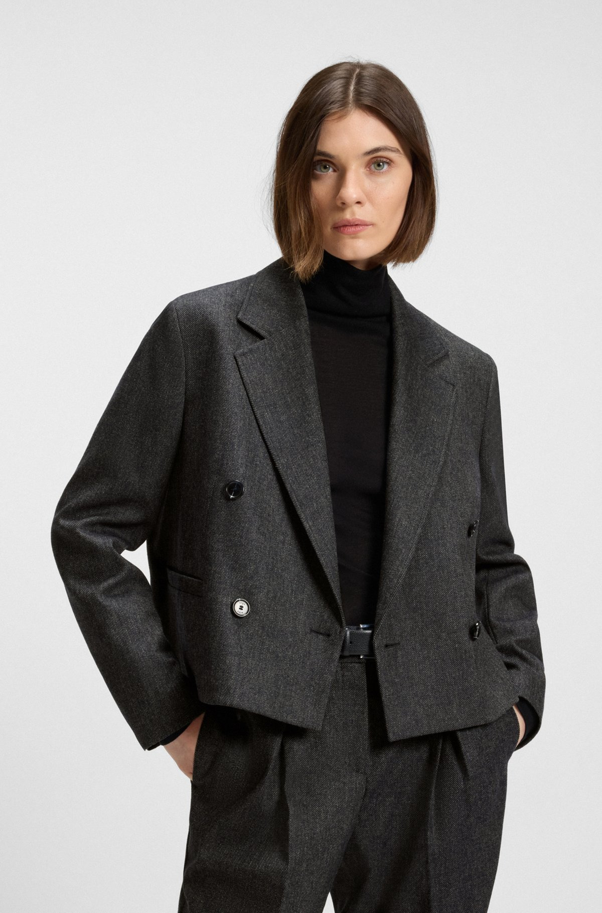 CROPPED DOUBLE-BREASTED BLAZER IN MELANGE FLANNEL - 2