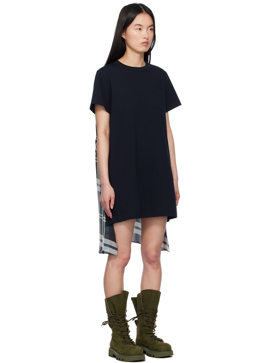 Black & Green Plaid Print Cotton Jersey Minidress - 2