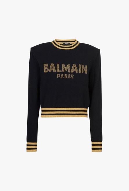 Cropped black wool sweatshirt with gold Balmain logo - 1