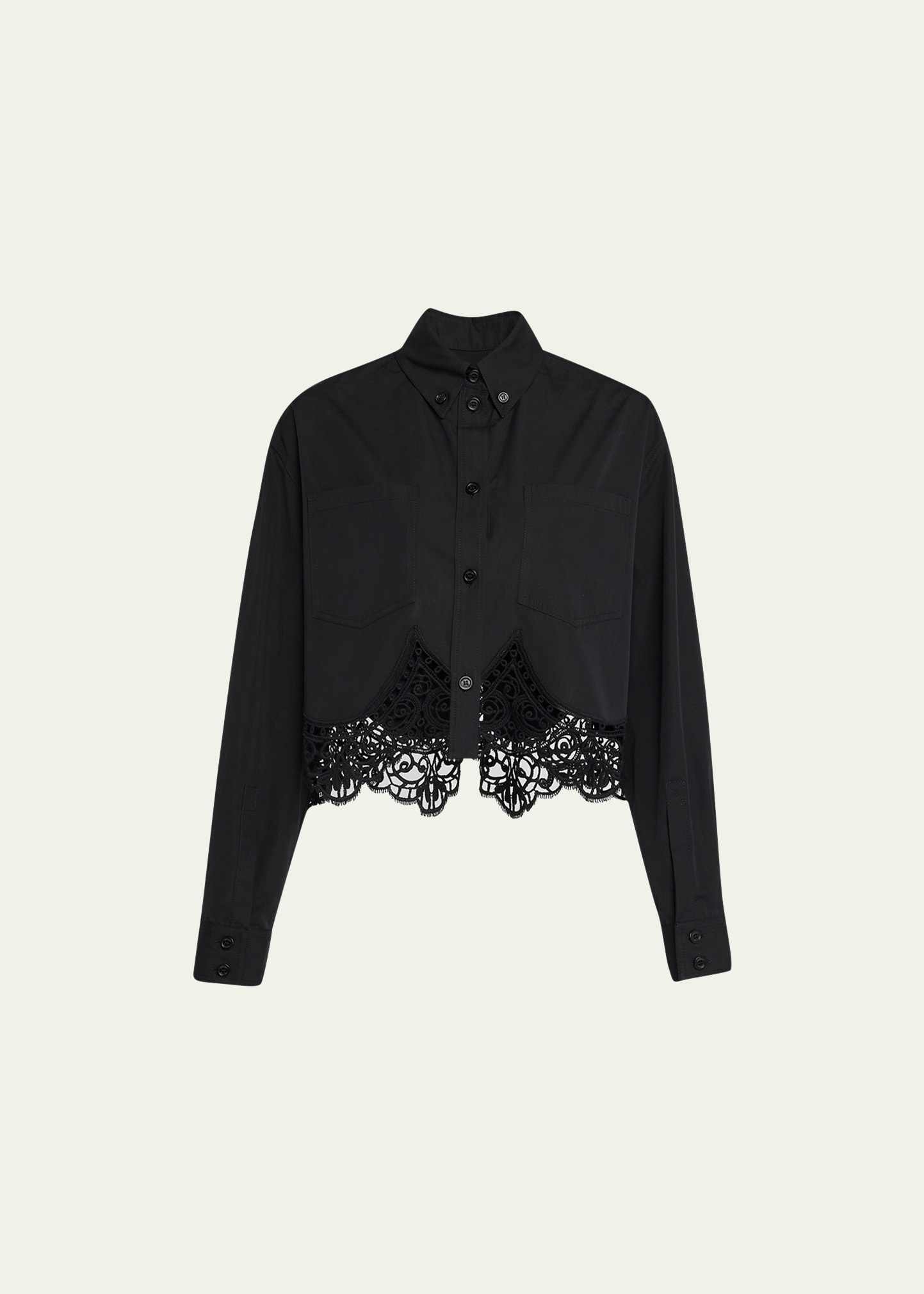 Cropped Button-Front Blouse with Lace Trim - 2