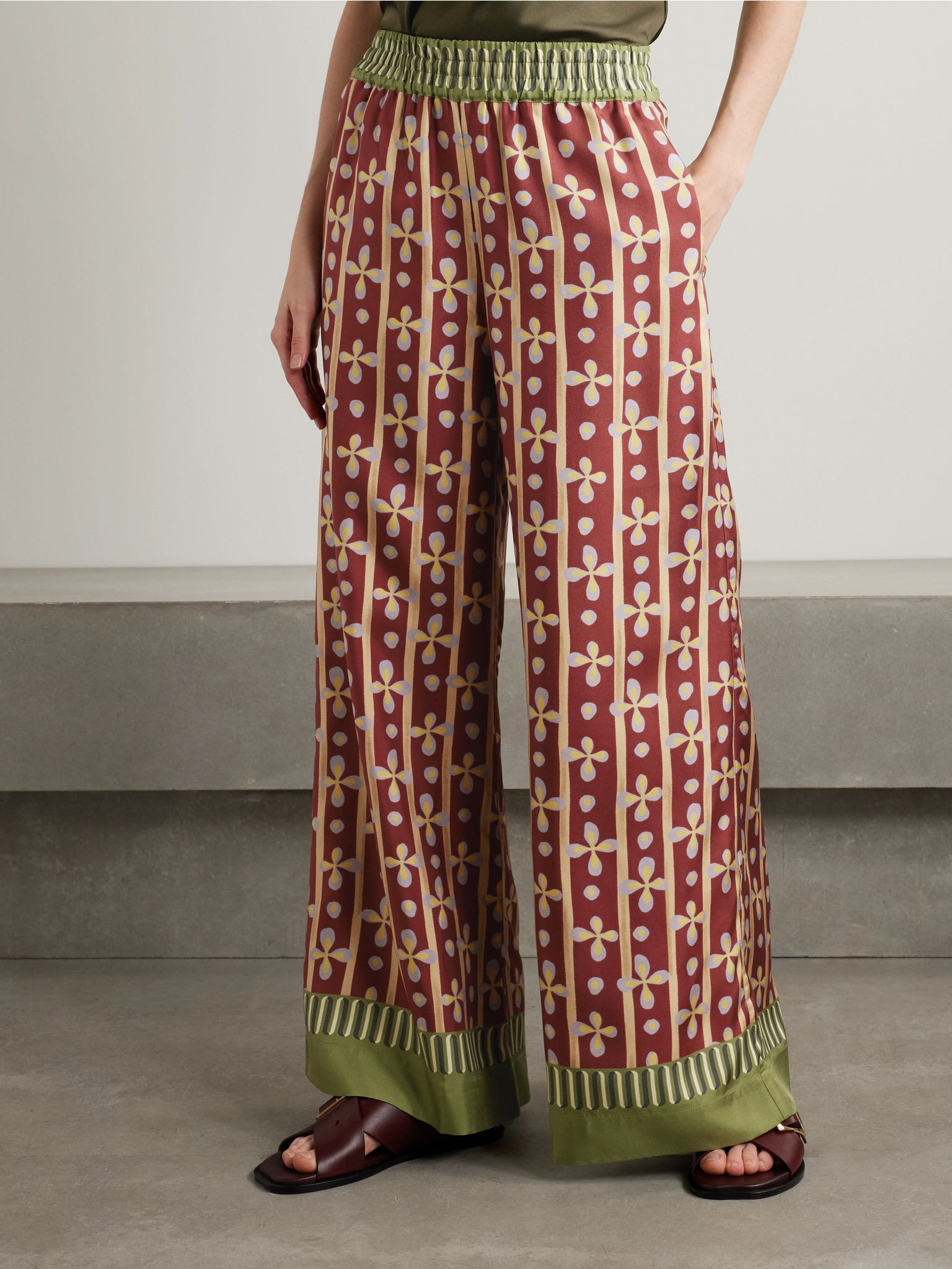 Printed silk-twill wide-leg pants Yellow - 3
