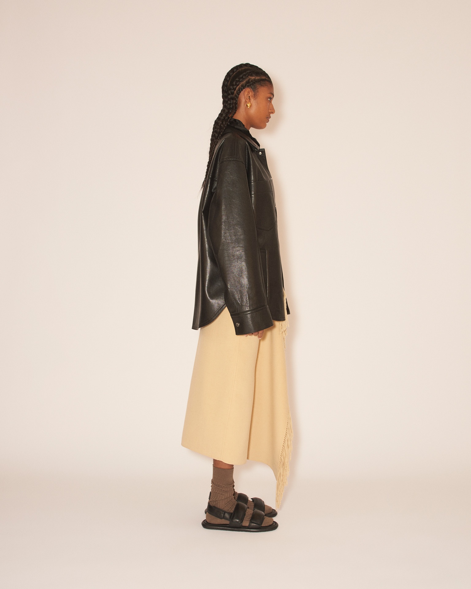 KIORA - Regenerated leather overshirt with contrast knitted collar - Black - 4
