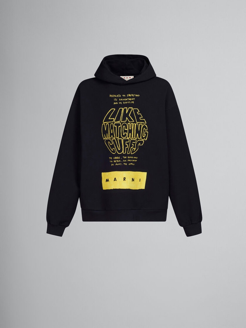 BLACK BIO COTTON HOODIE WITH MAXI SLOGAN PRINT - 1