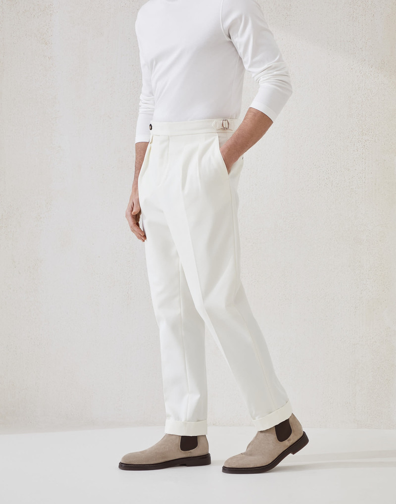 Cotton and virgin wool gabardine tailor fit trousers with reversed double pleats and waist tabs 1