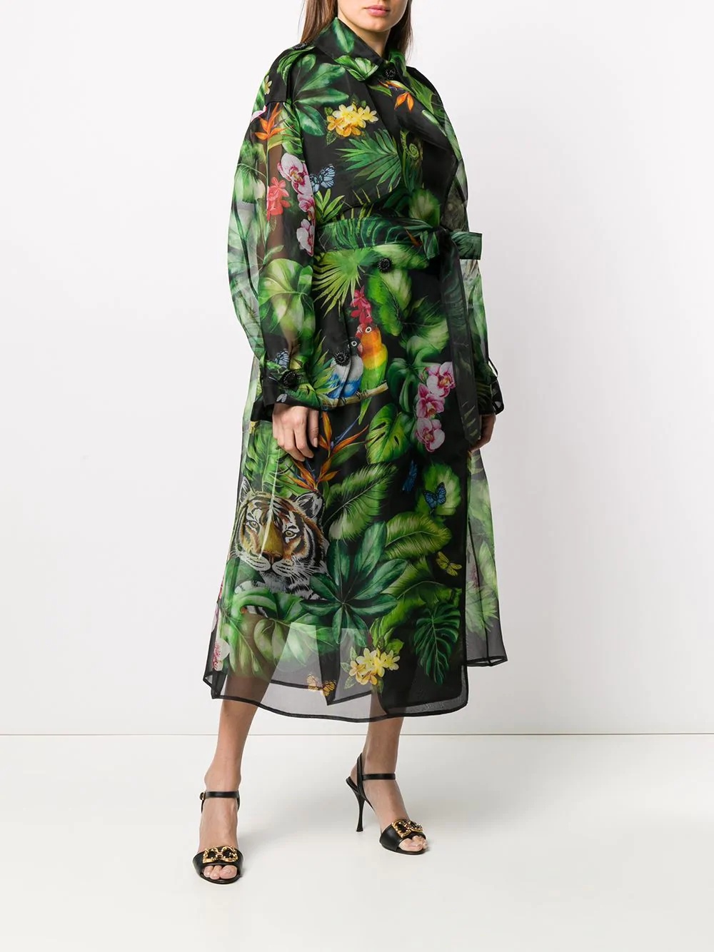 botanical-print sheer trench coat - 3