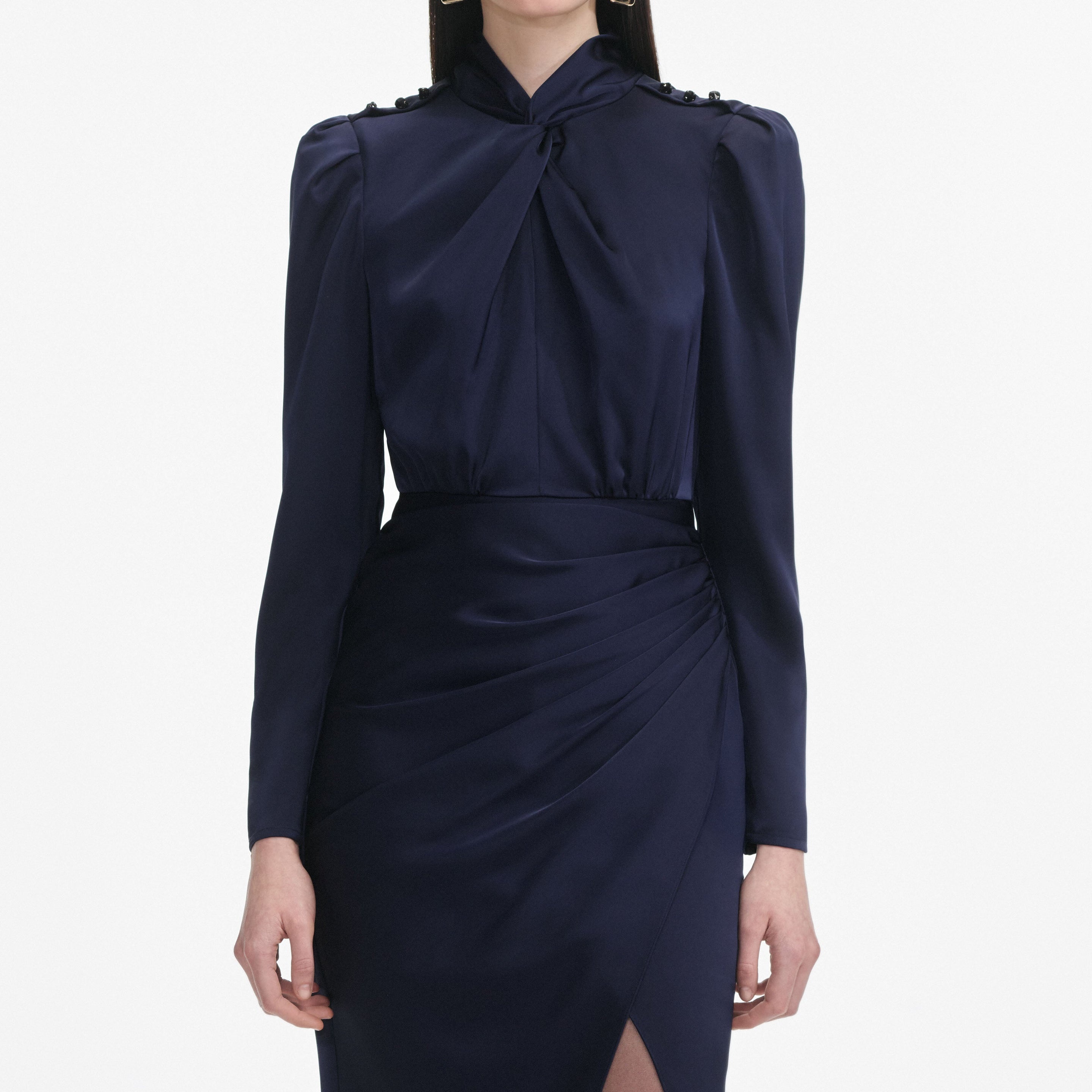 Navy Satin Midi Dress - 4