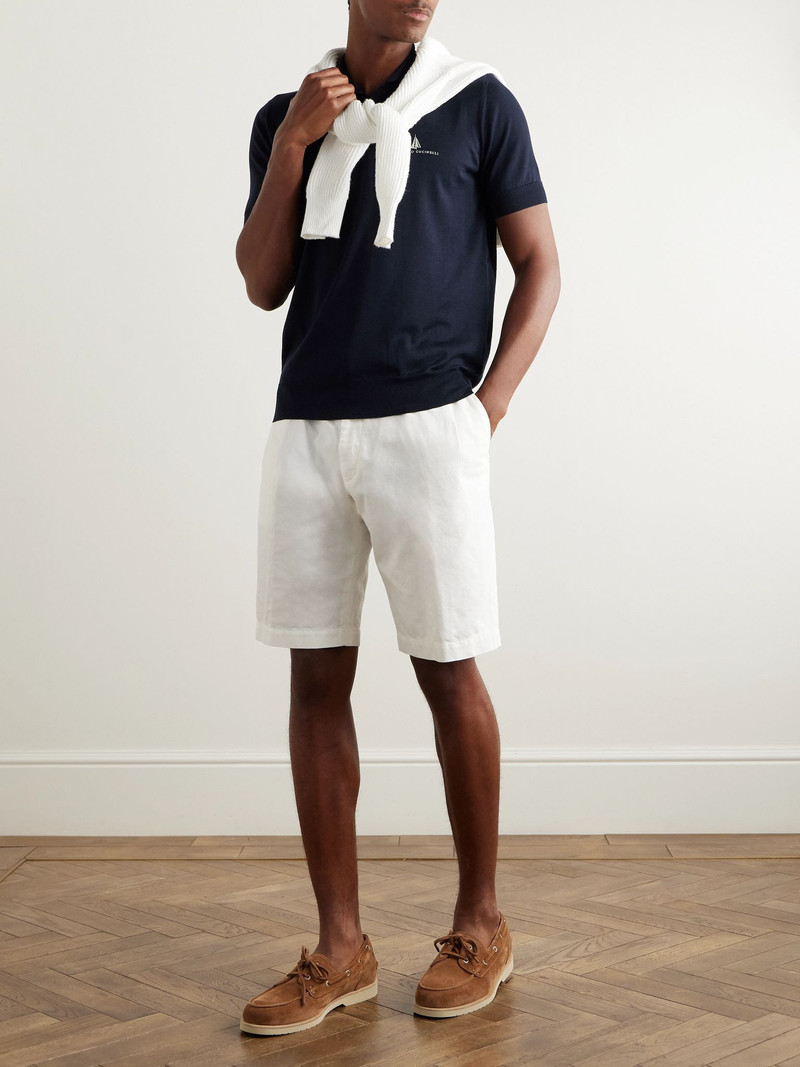 Brunello Cucinelli Slim-Fit Logo-Embroidered Silk and Cotton-Blend Polo Shirt Navy outlook