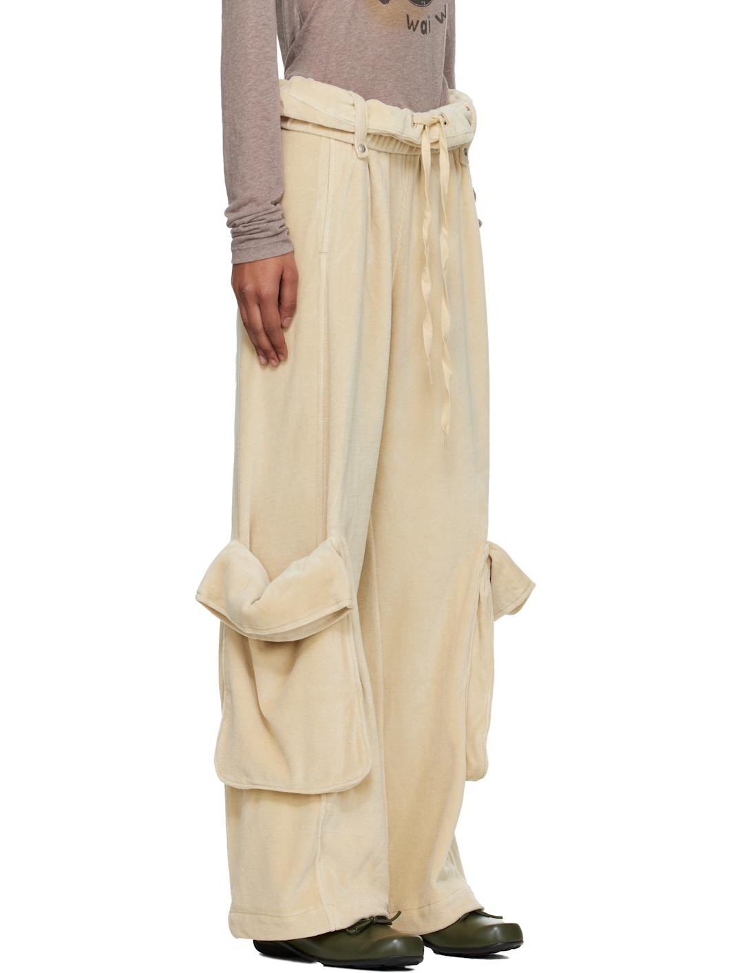 Beige Rolled Waist Velour Cargo Pants - 2