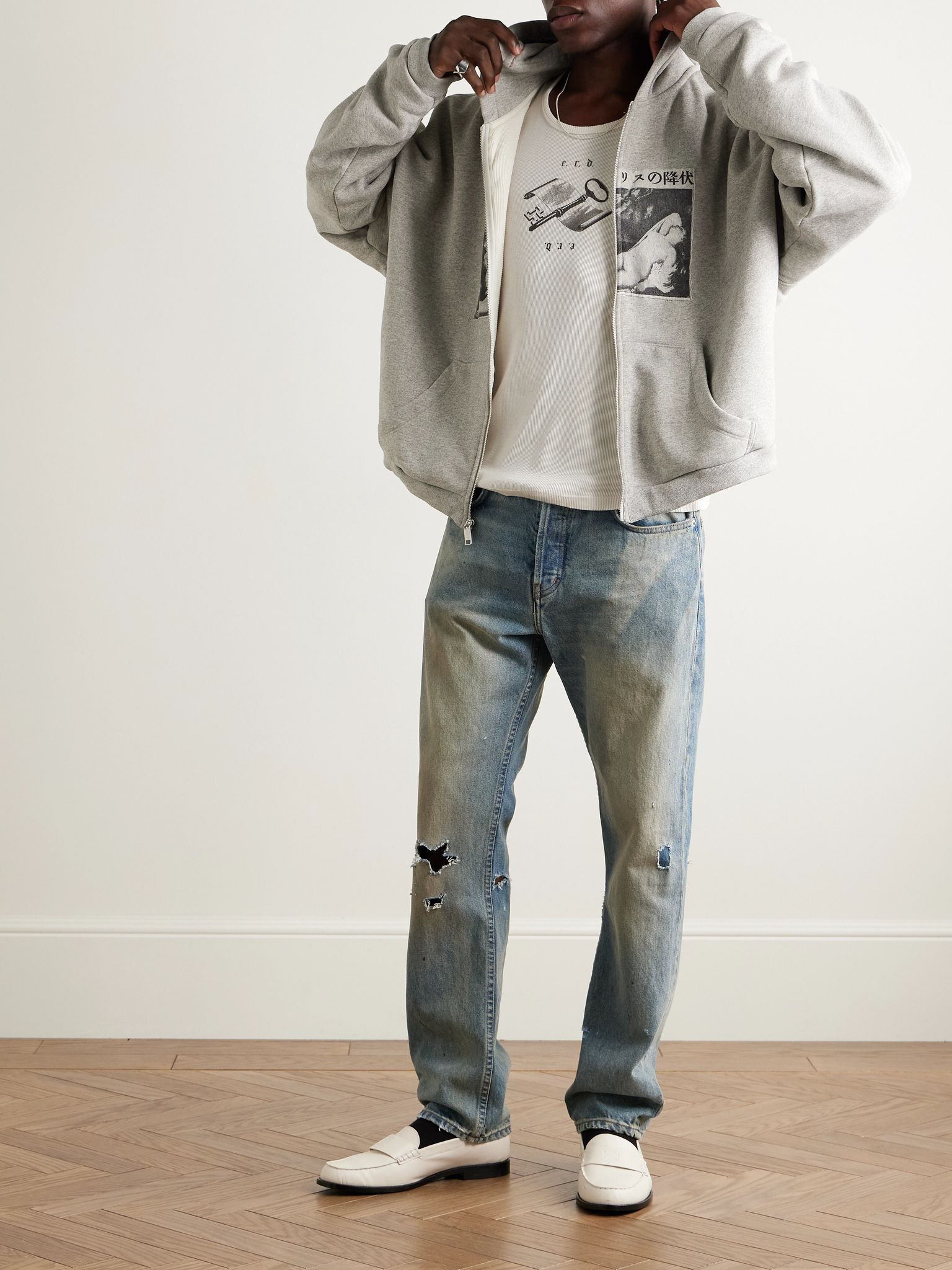 Assemblage Appliquéd Printed Cotton-Jersey Zip-Up Hoodie Gray - 2