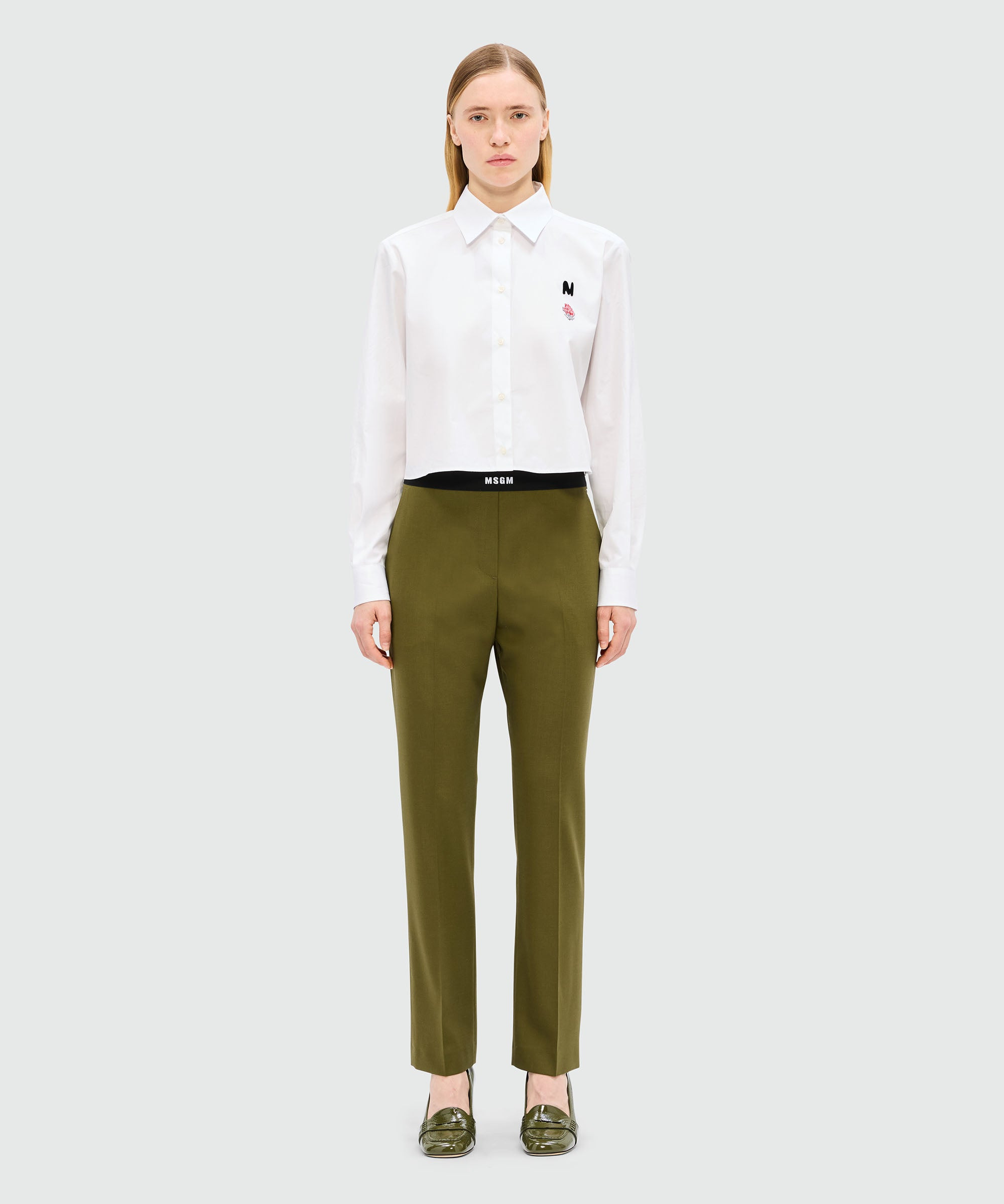 Olive green trousers in cool wool with logoed elastic band - 2
