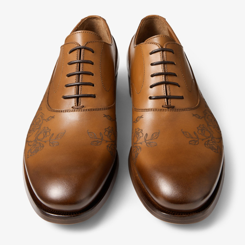 Vine Lace Up Tan Vintage Effect Leather Lace-Up Shoes with Rose Motif 3