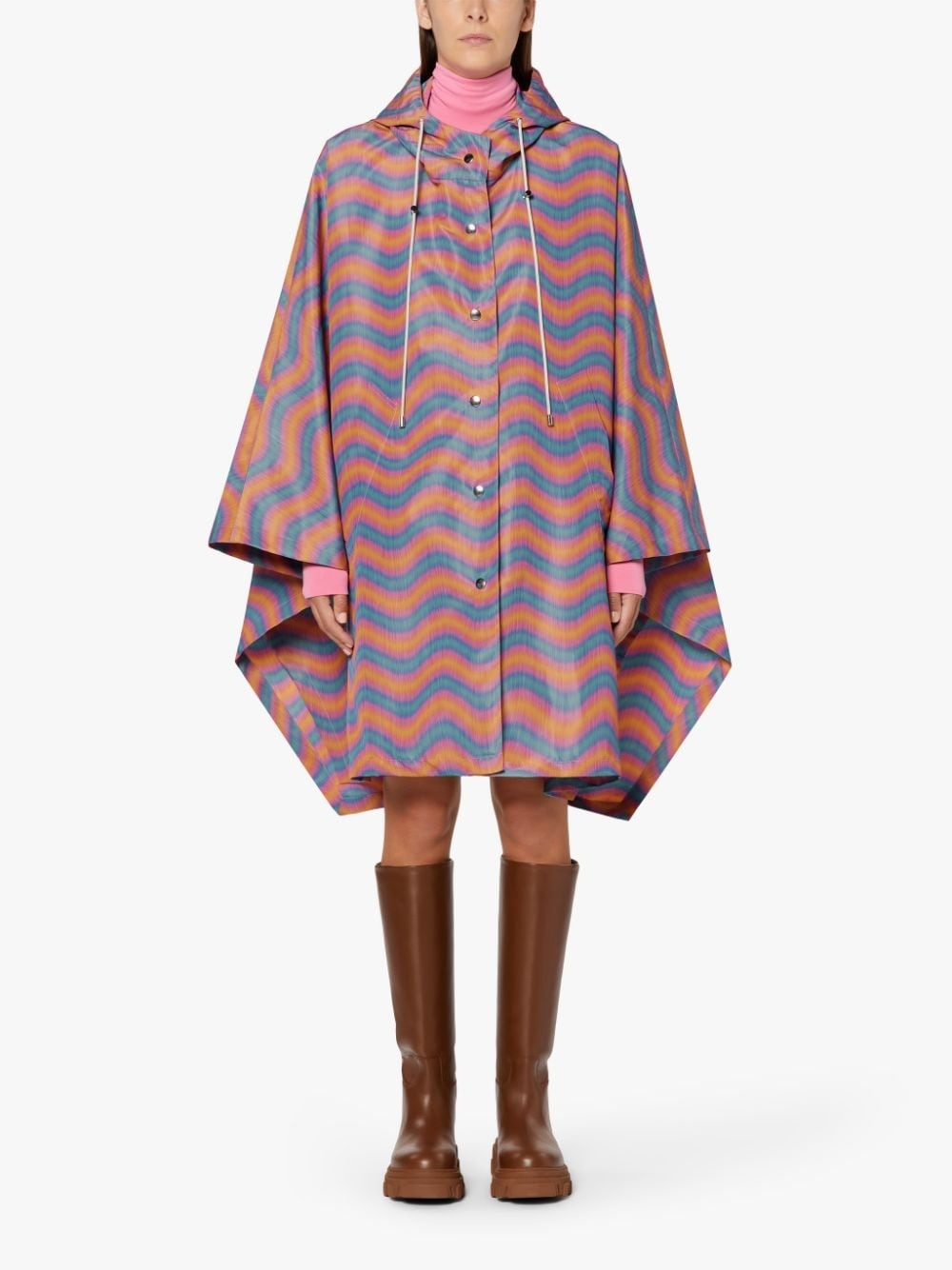 BONI ORANGE & PINK WAVE PRINT NYLON HOODED PONCHO | LMC-010 - 3