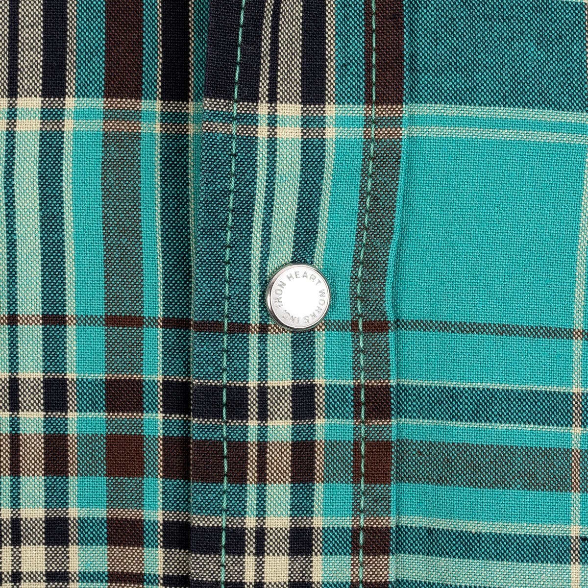 IHSH-359-GRN 5oz Selvedge Madras Check Short Sleeved Western Shirt - Green - 10