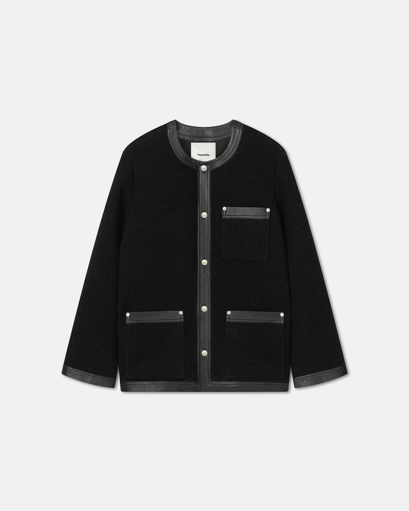 Leather-Trimmed Boucle Tweed Jacket 1