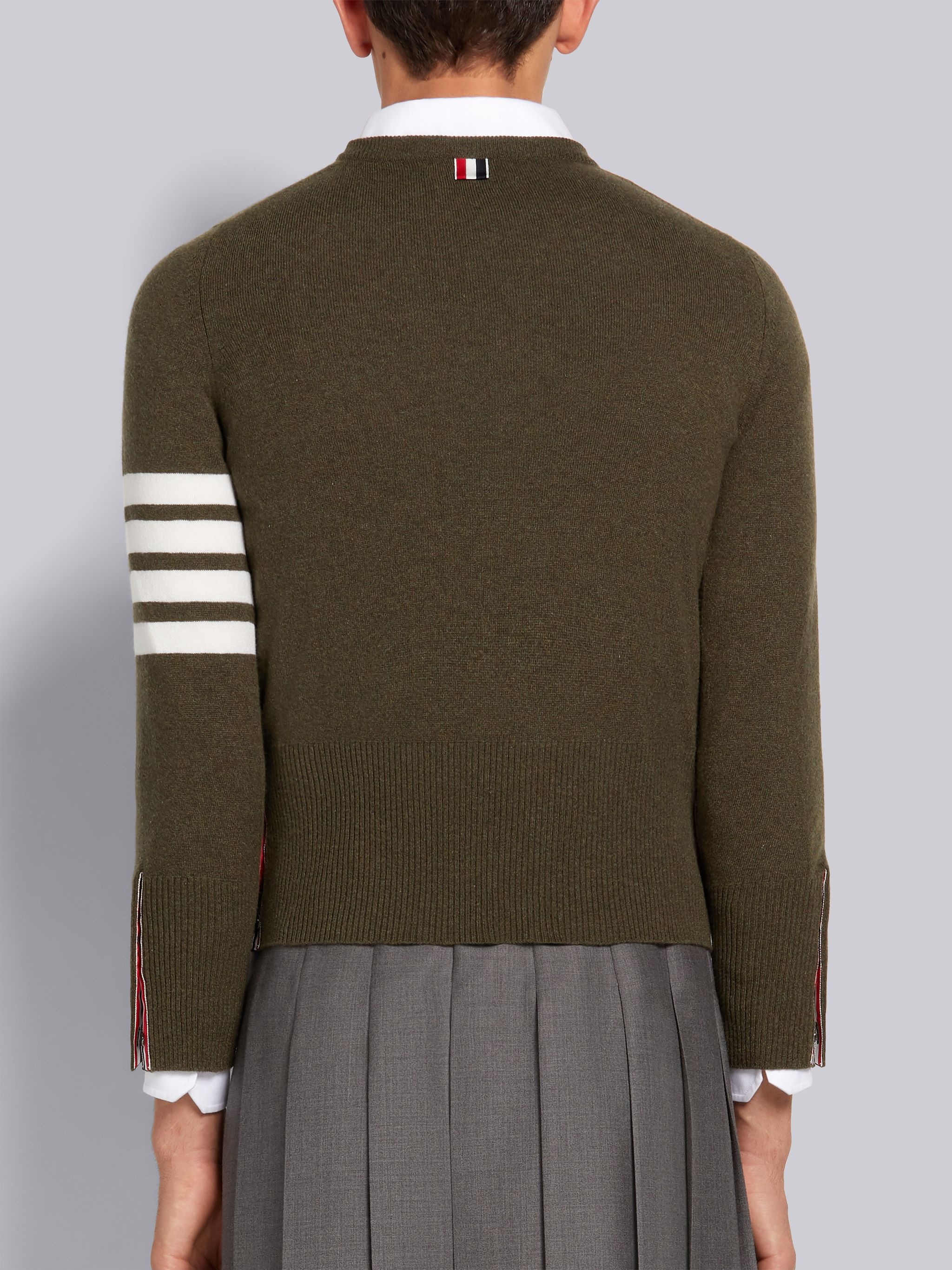 Dark Green Cashmere 4-Bar Stripe Classic Crew Neck Pullover - 3