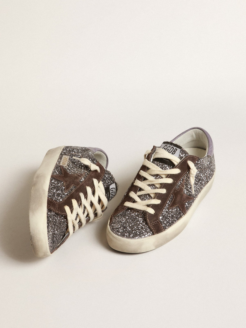 Golden Goose Super-Star in glitter with a brown star and lilac heel tab outlook