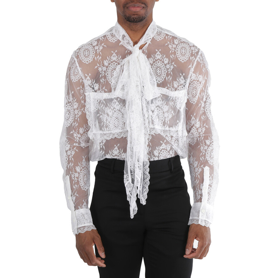 Burberry Optic White Oversized Tie-Neck Chantilly Lace Shirt - 4