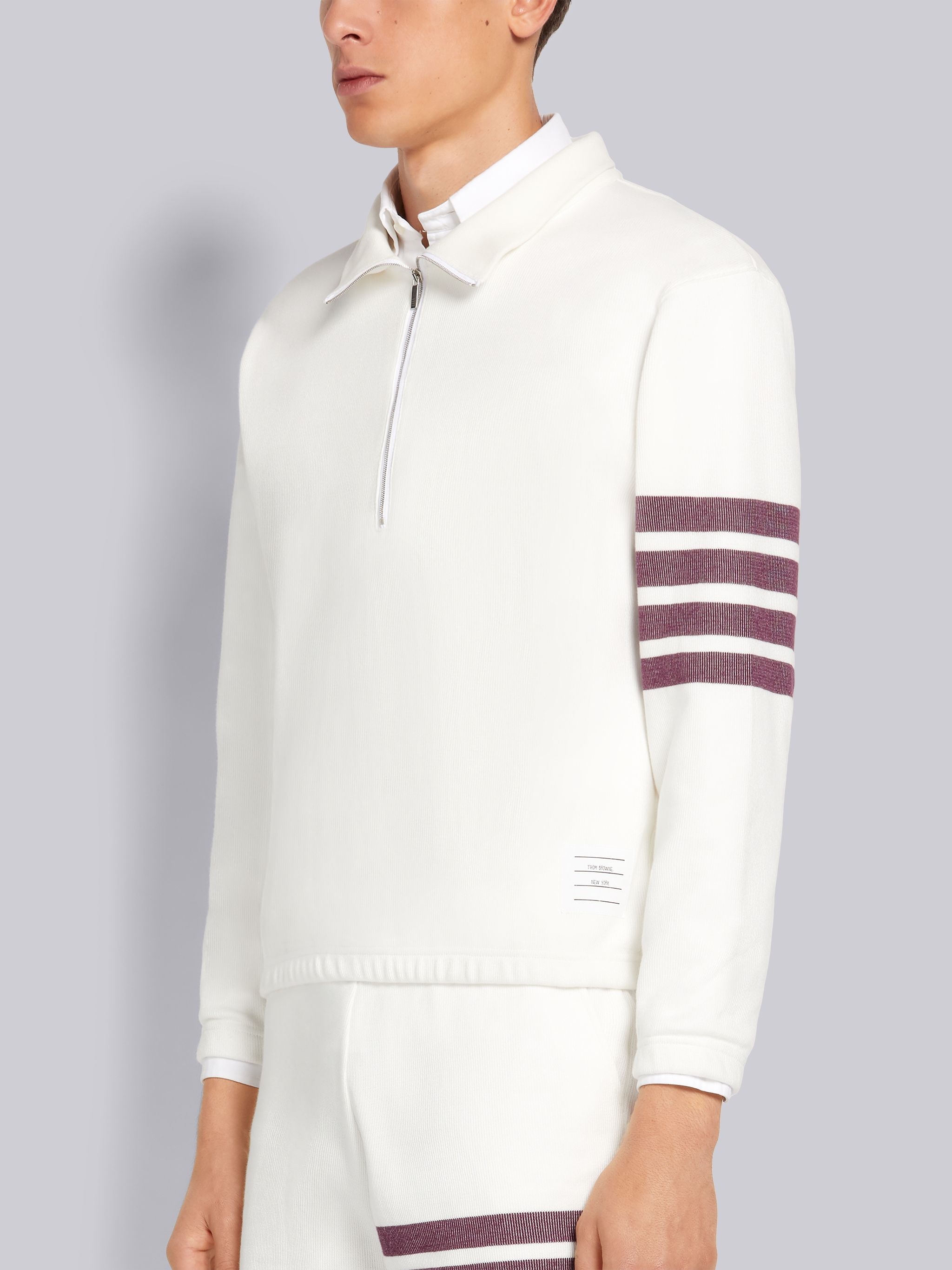 White Double Face Cotton Knit 4-Bar Stripe Half Zip Funnel Neck Pullover - 2