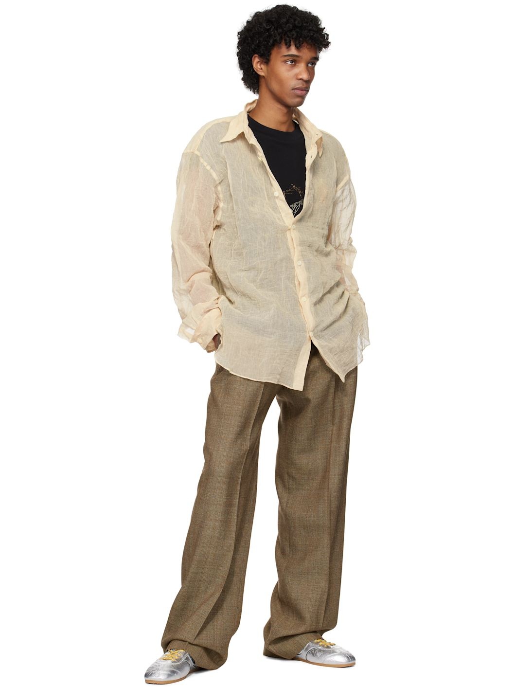 Beige Metallic Thread Shirt - 4