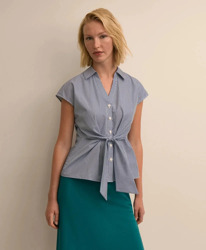 Supima® Cotton Open Point-Collar Belted Shirt - 1