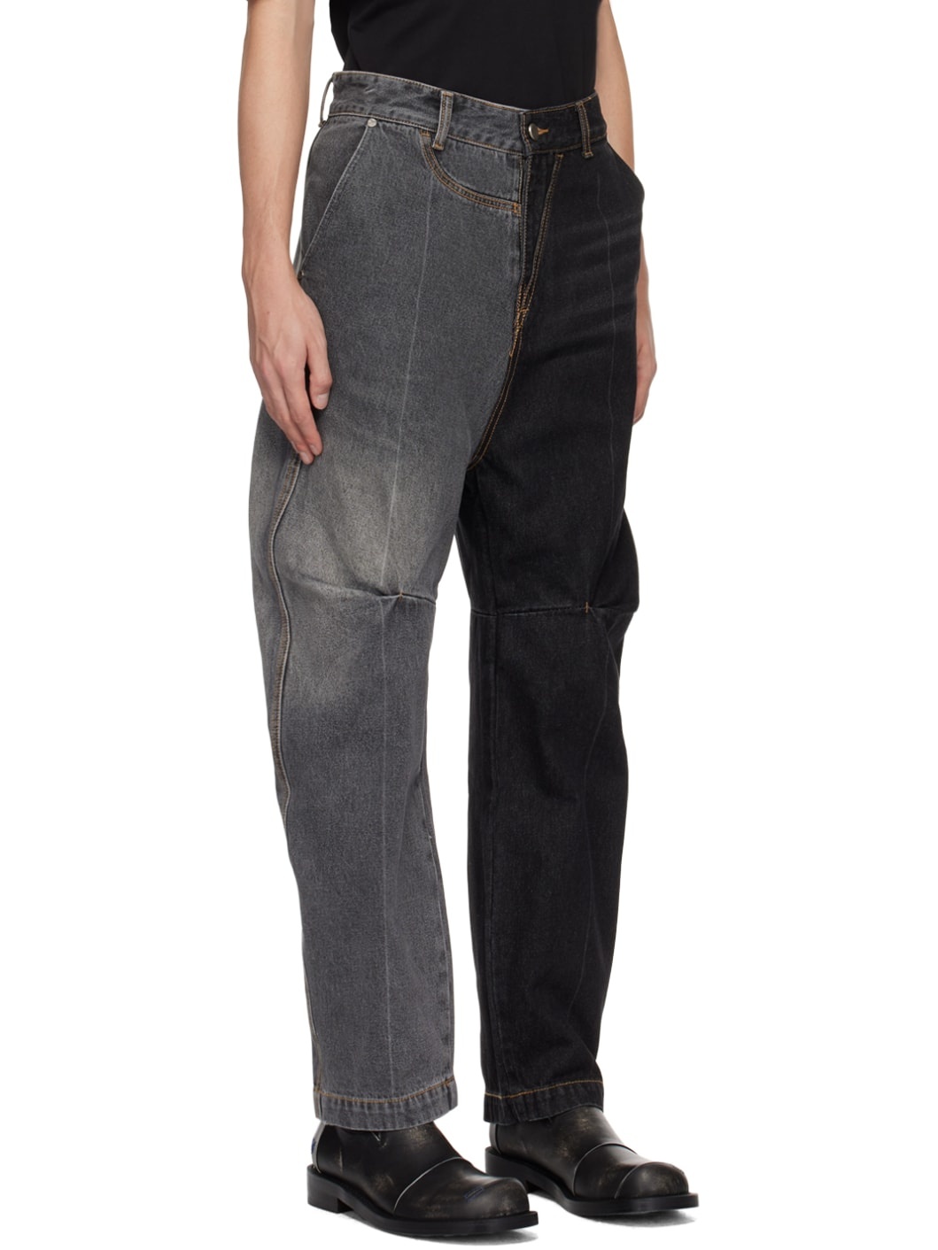Black & Gray Paneled Jeans - 2