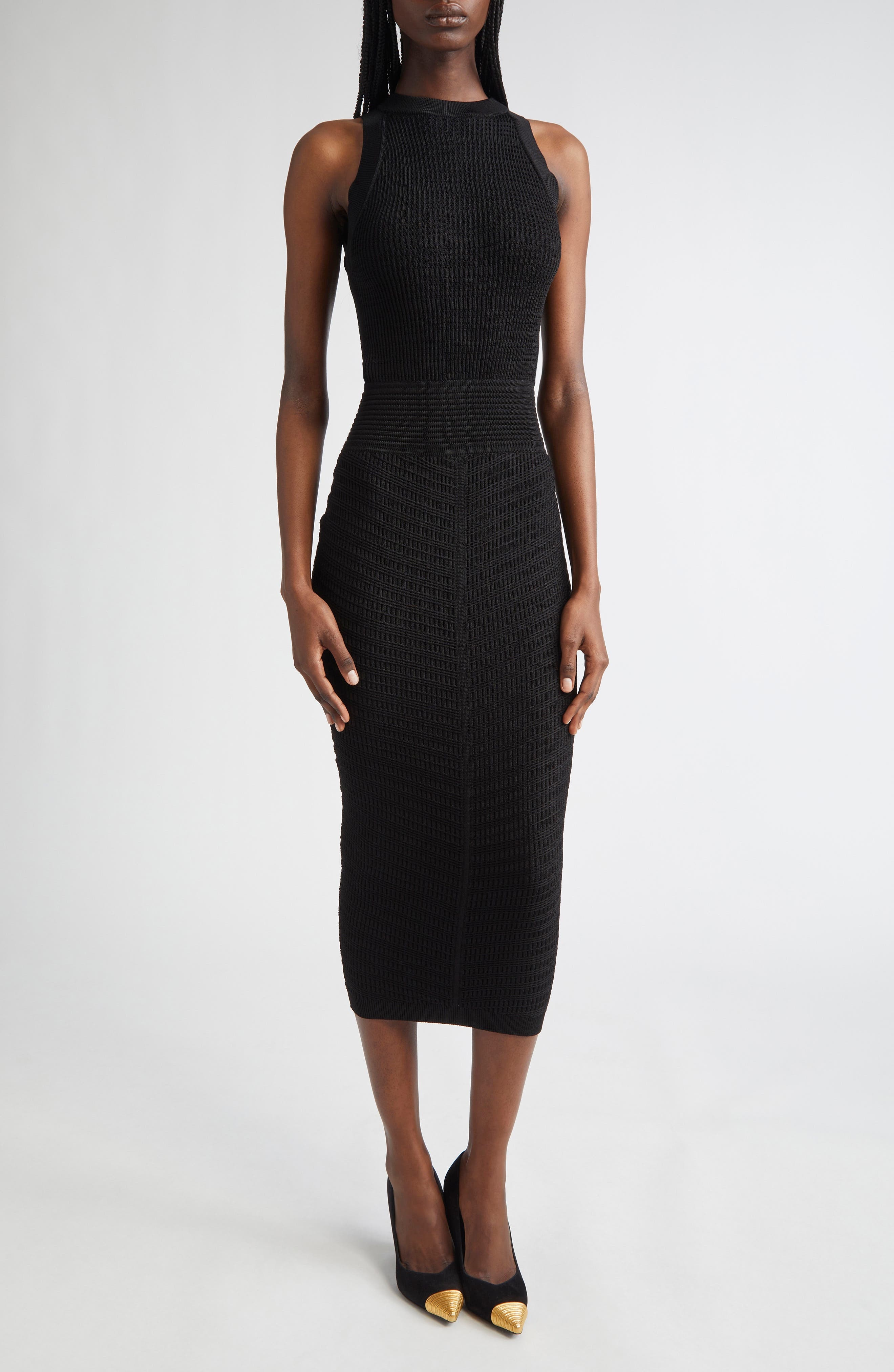 Balmain MIxed Stitch Sleeveless Body-Con Midi Dress in Black at Nordstrom - 1