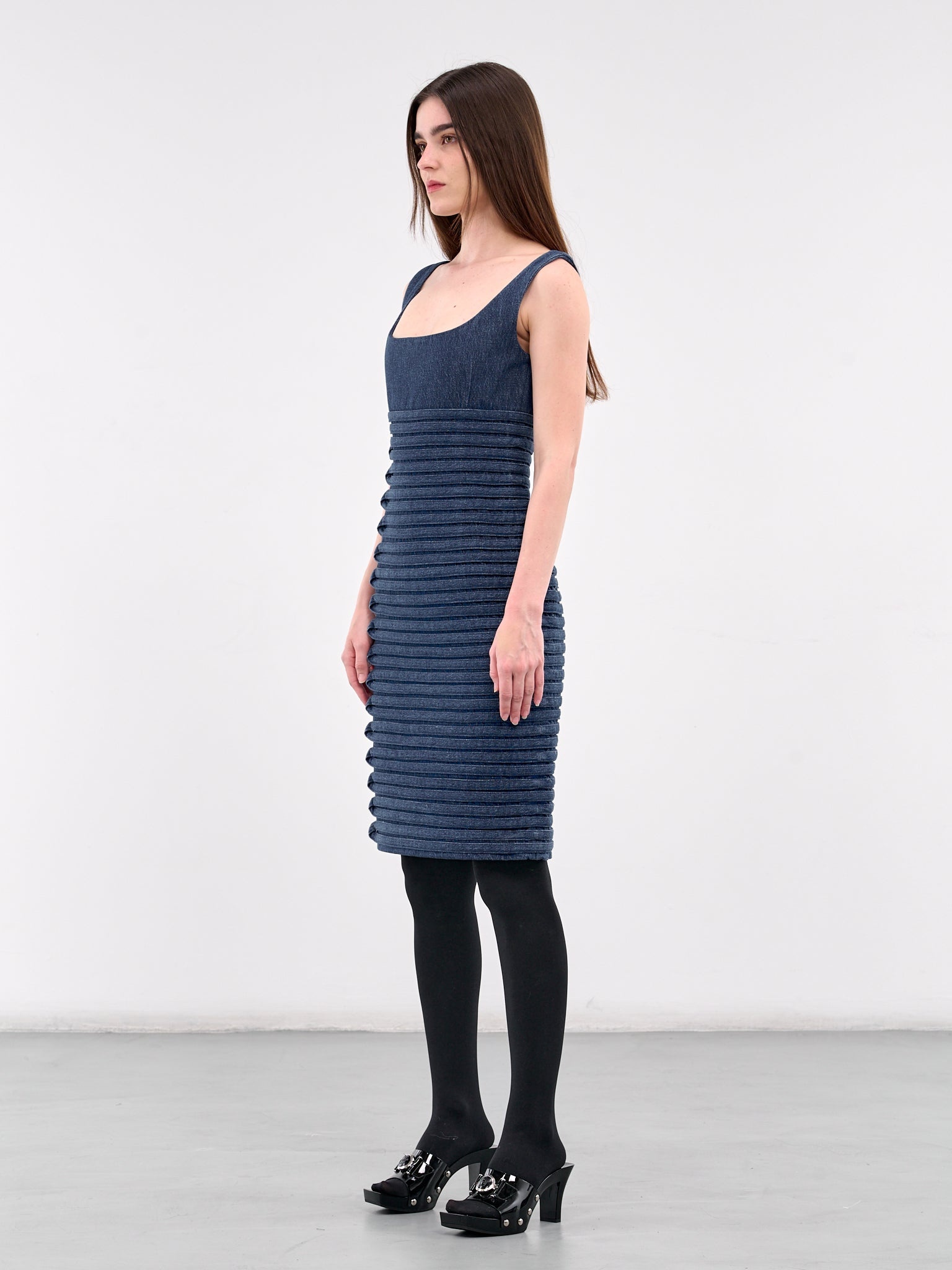 Denim Scoop Neck Fitted Dress - 2