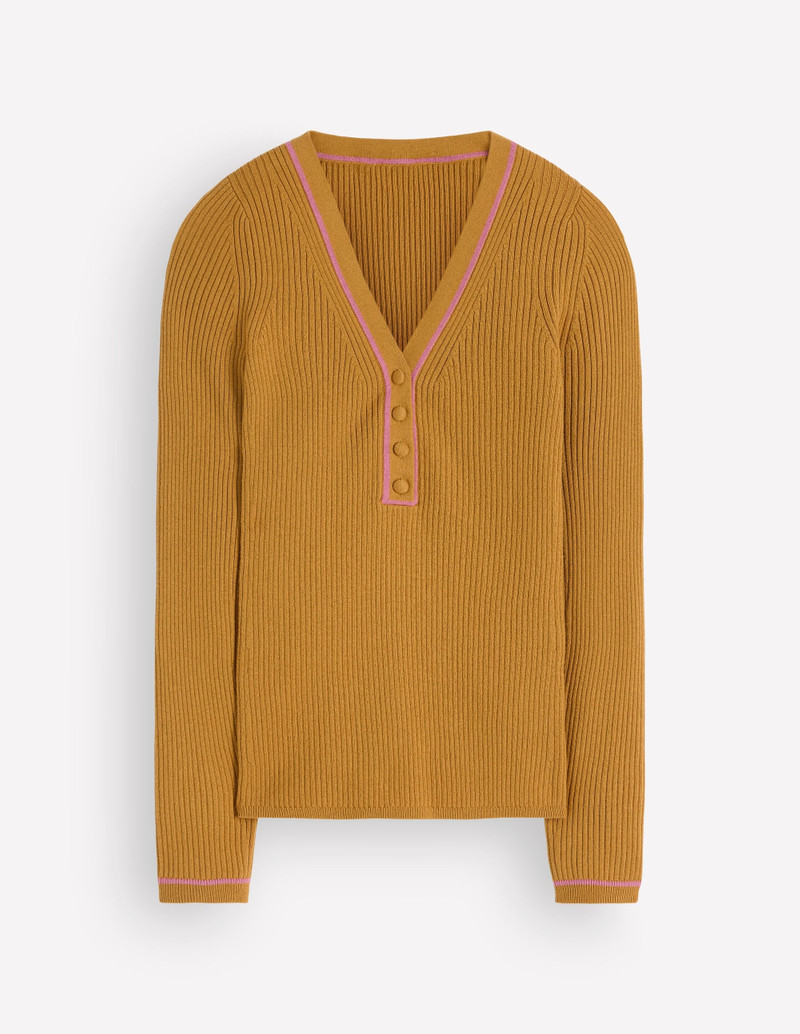 Paula Ribbed V Neck Jumper-Gold Wheat - 1