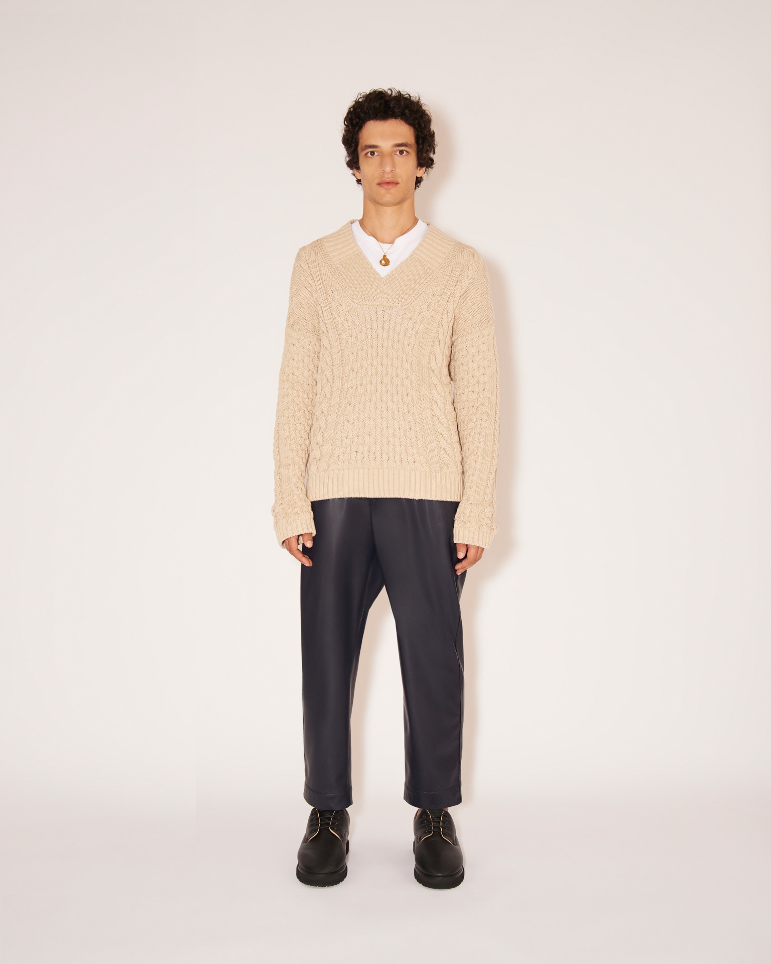 SYED - Cotton-cable oversized v-neck sweater - Pebble - 3