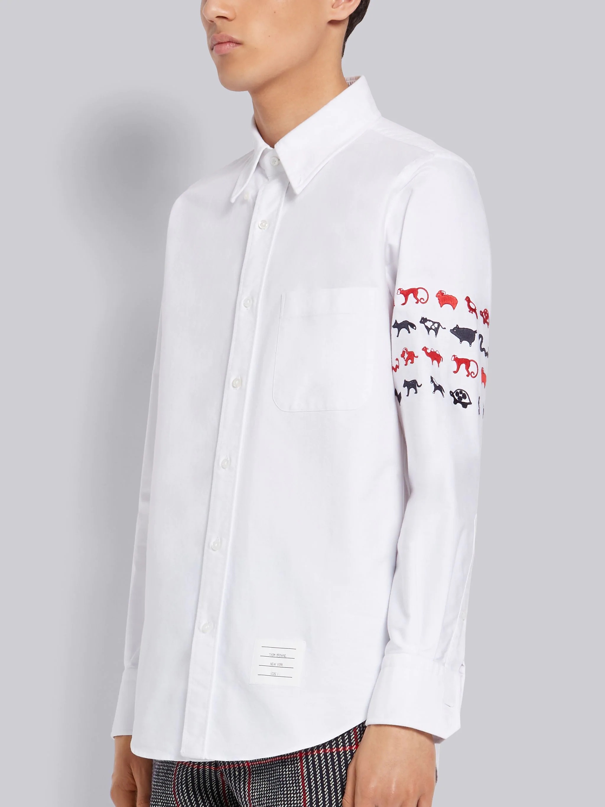 White Cotton Oxford Animal Icon Embroidered 4-Bar Straight Fit Long Sleeve Shirt - 2