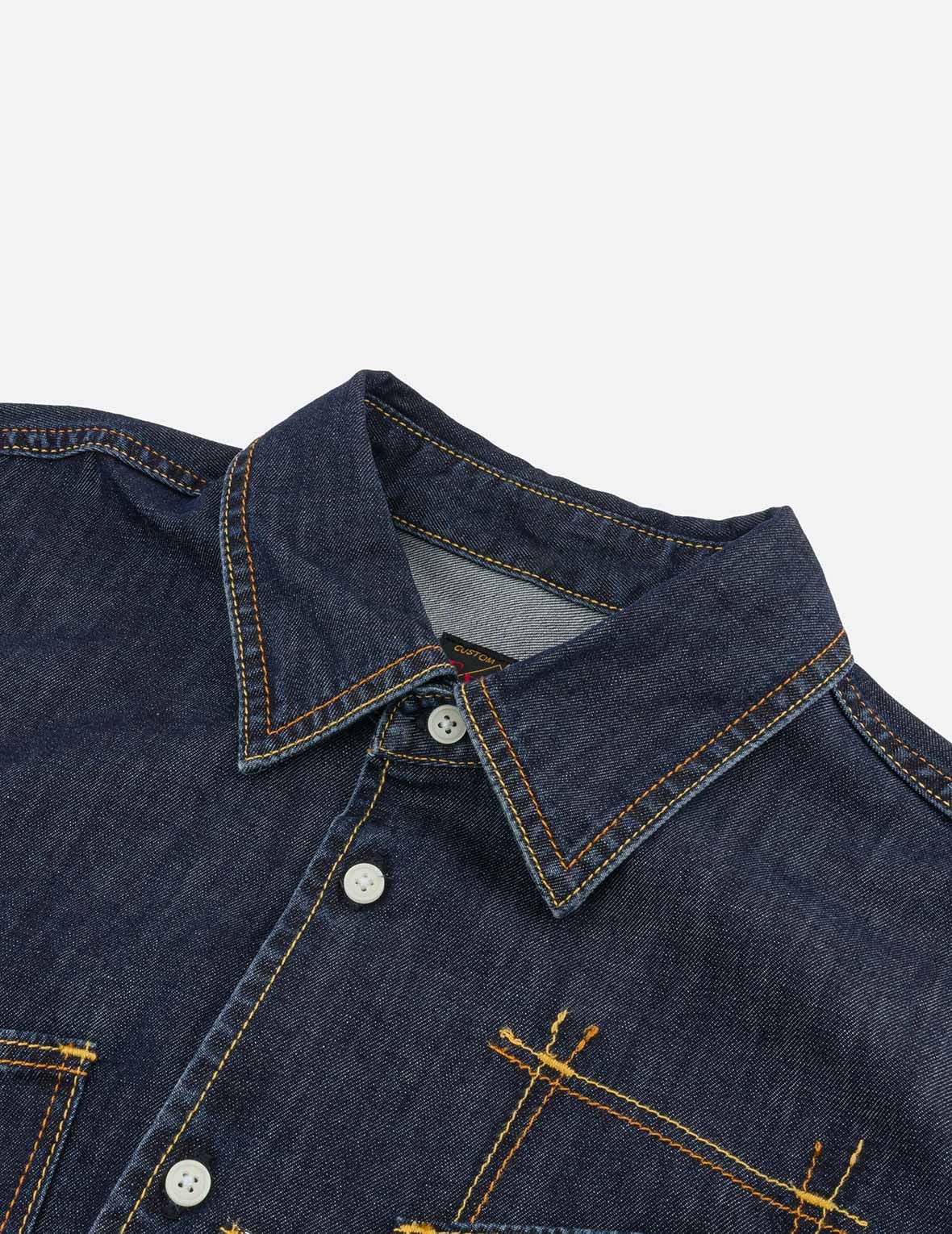 Multi-Pocket with Brocade Patch Relax Fit Denim Shirt - 6