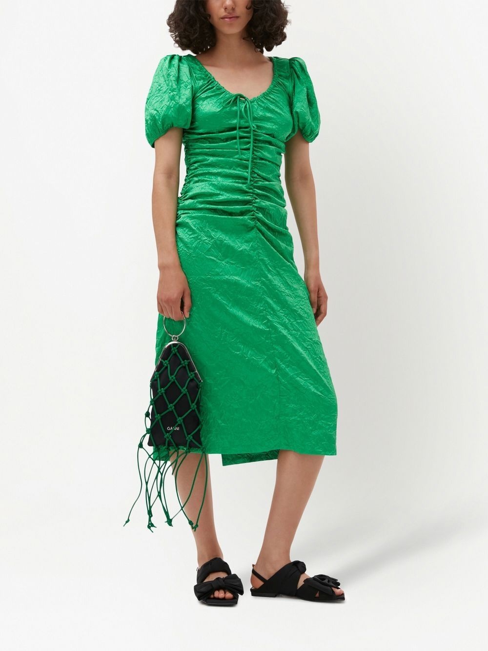 crinkled-effect puff-sleeve midi dress - 2
