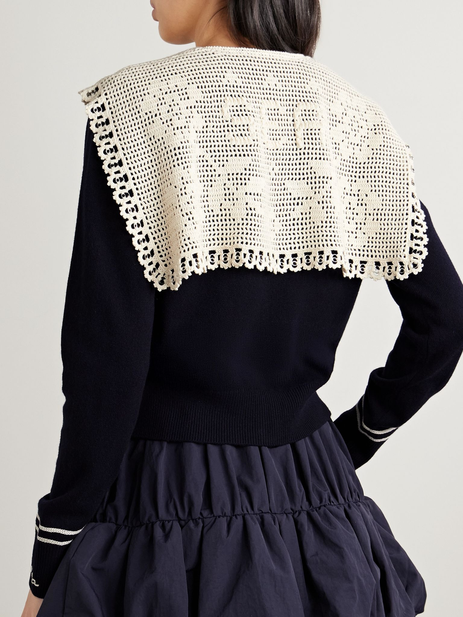 Marie crocheted cotton-trimmed merino wool cardigan Navy - 3