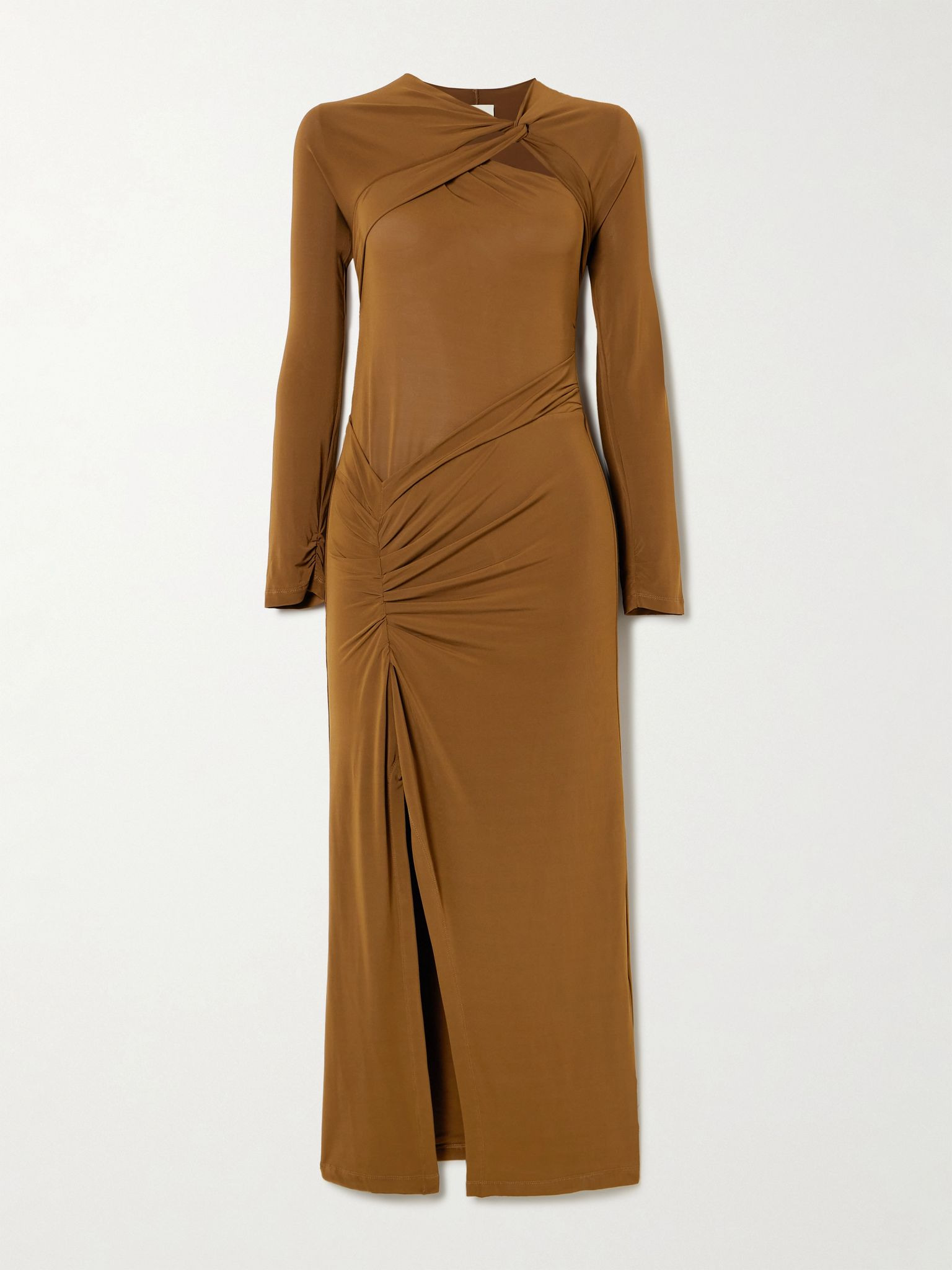 Evelina asymmetric knotted stretch-jersey midi dress Brown - 1
