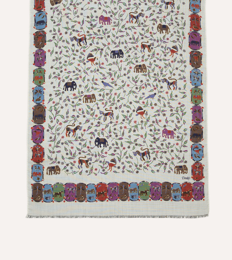 Ecru Elephants and Flowers Print Wool-Silk Scarf 3