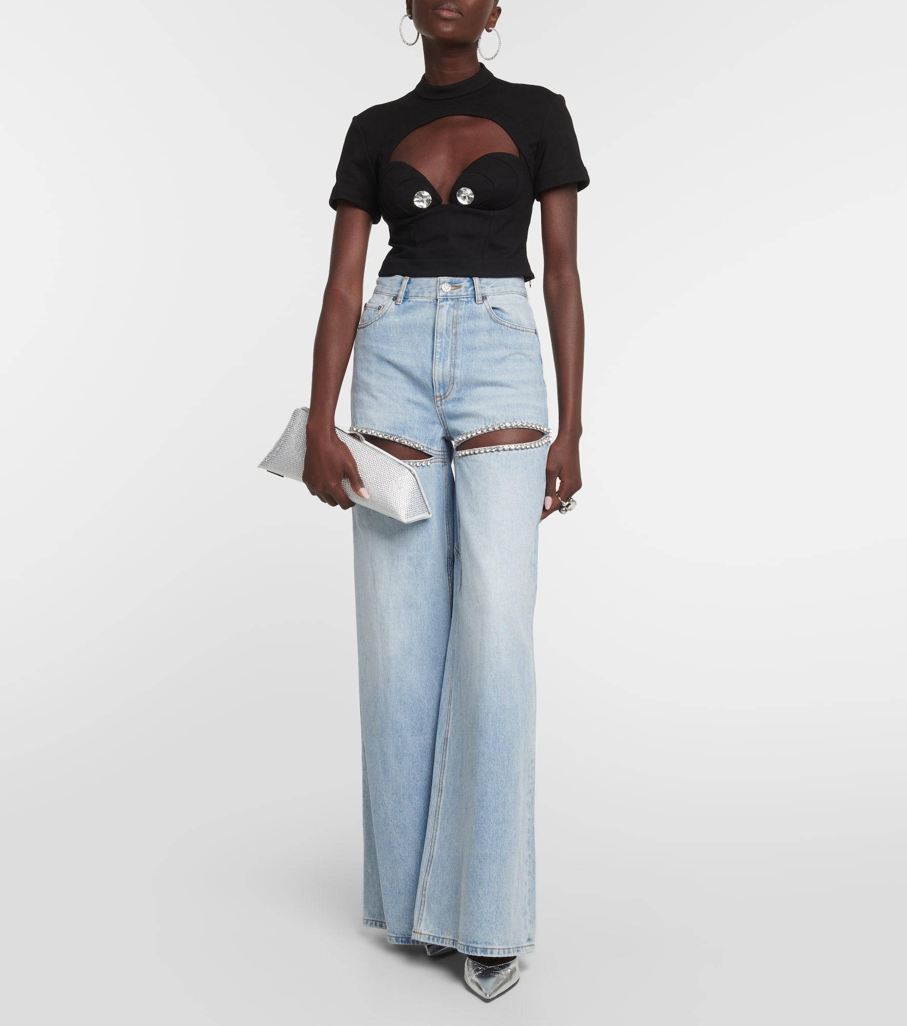Cutout embellished high-rise wide-leg jeans - 2