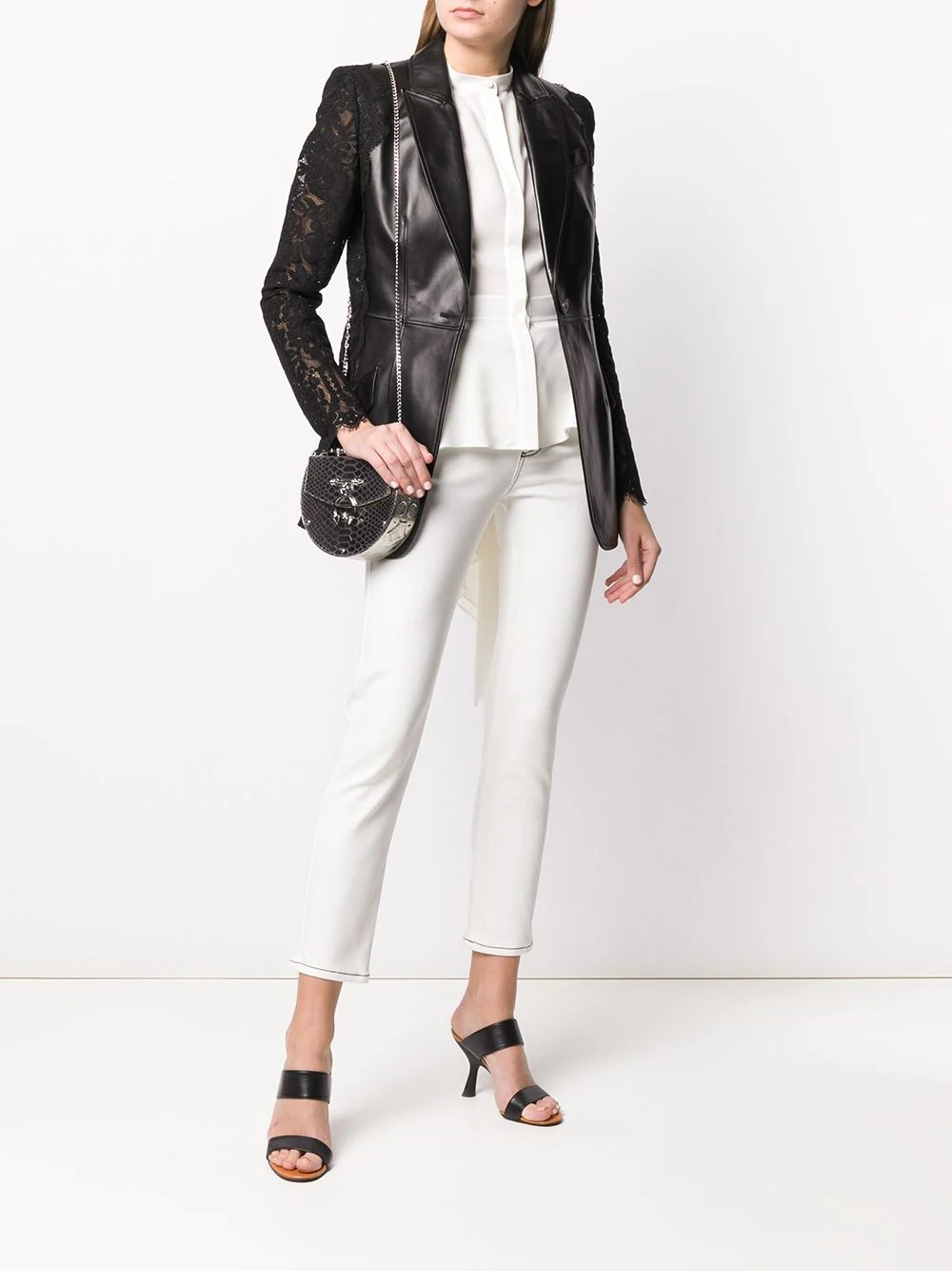 lace sleeve leather jacket - 2