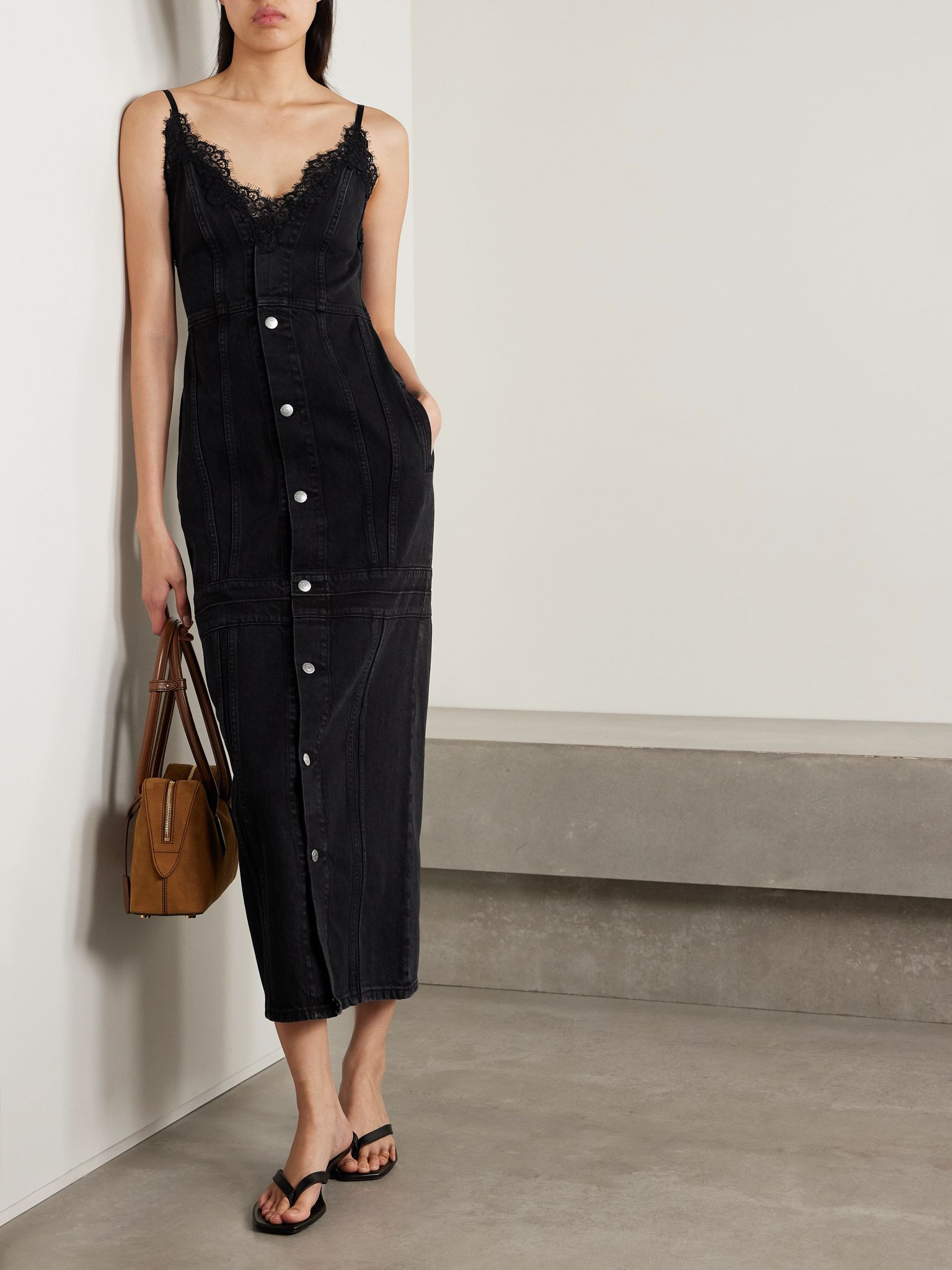 Lace-trimmed paneled organic denim midi dress Black - 2