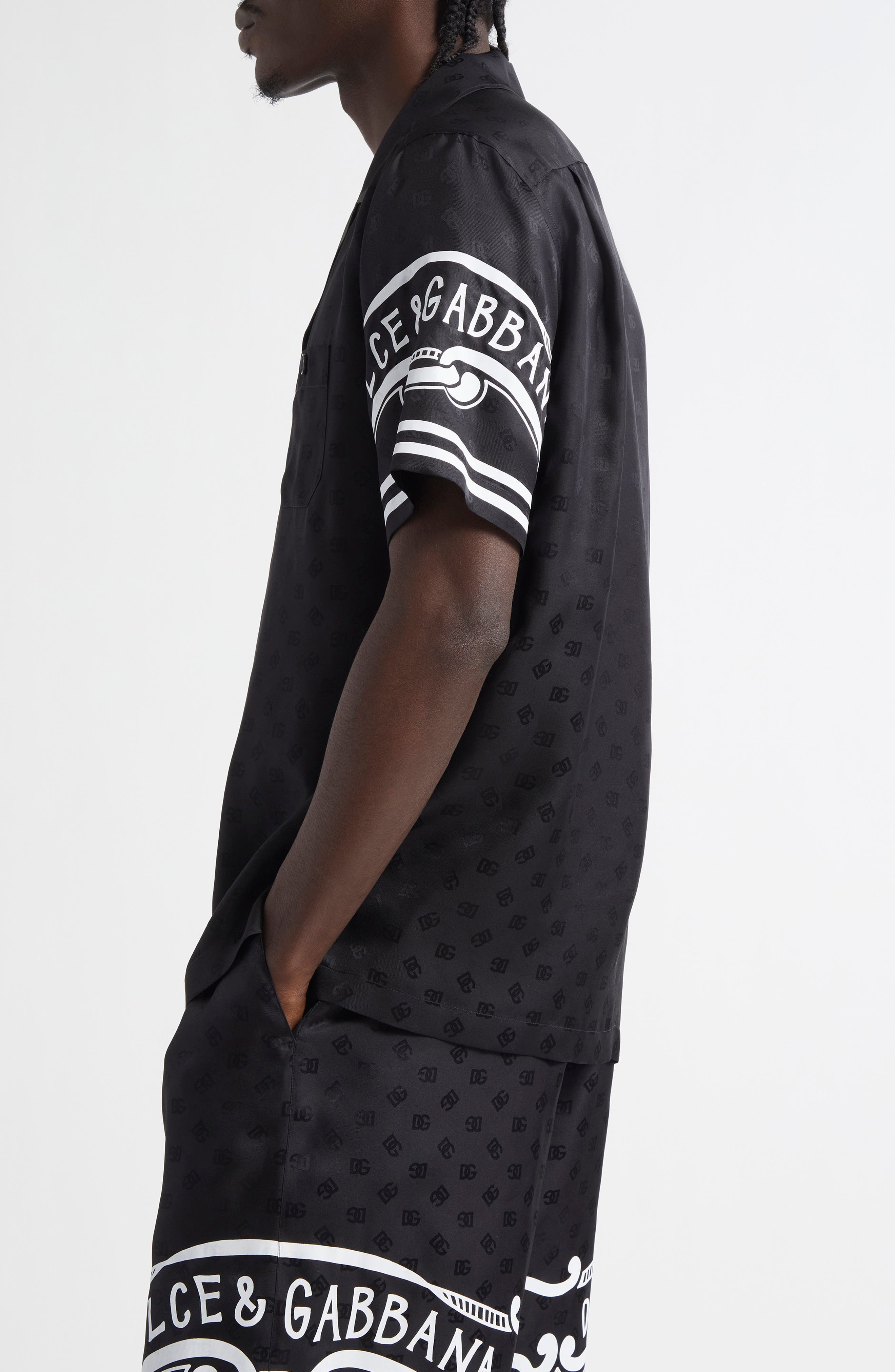 Dolce&Gabbana Logo Jacquard Bandana Print Silk Camp Shirt in Nero at Nordstrom - 4