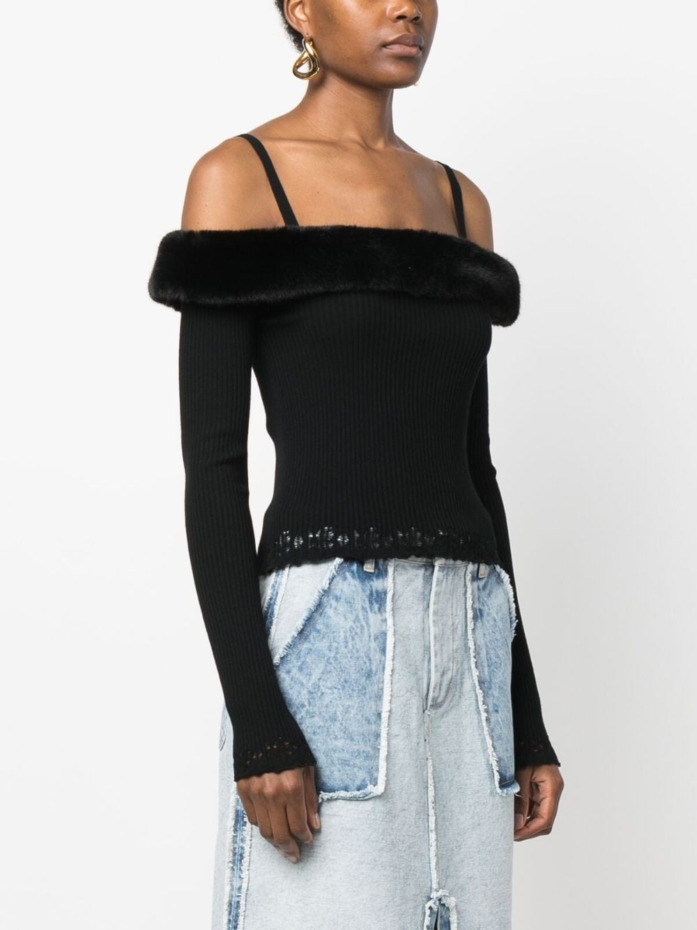 faux-fur trim off-shoulder jumper - 3