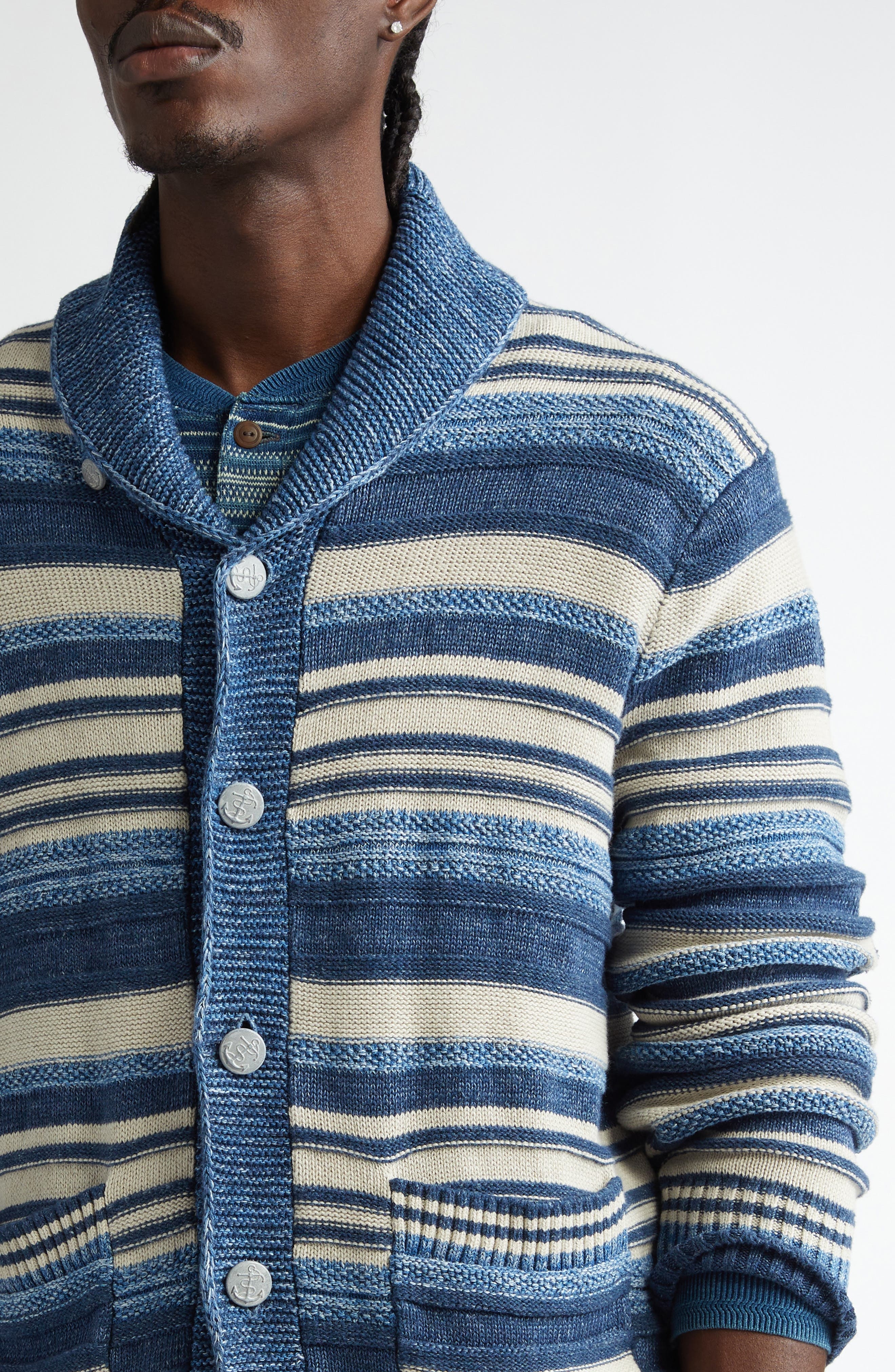 Double RL Indigo Stripe Cotton & Linen Cardigan in Indigo/Multi at Nordstrom - 4